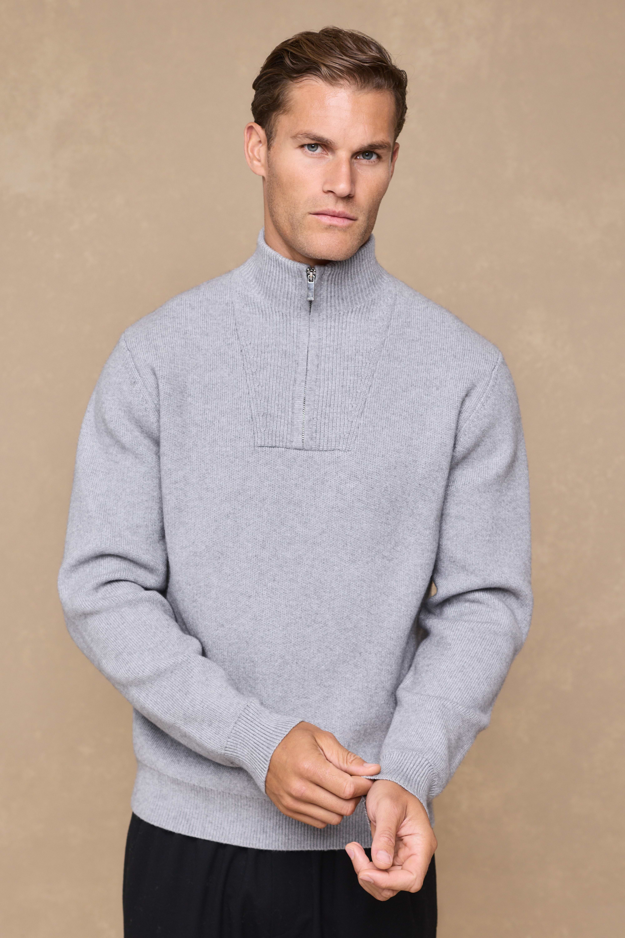 Asher Zipped Funnel Neck Knit - Light Grey Marl