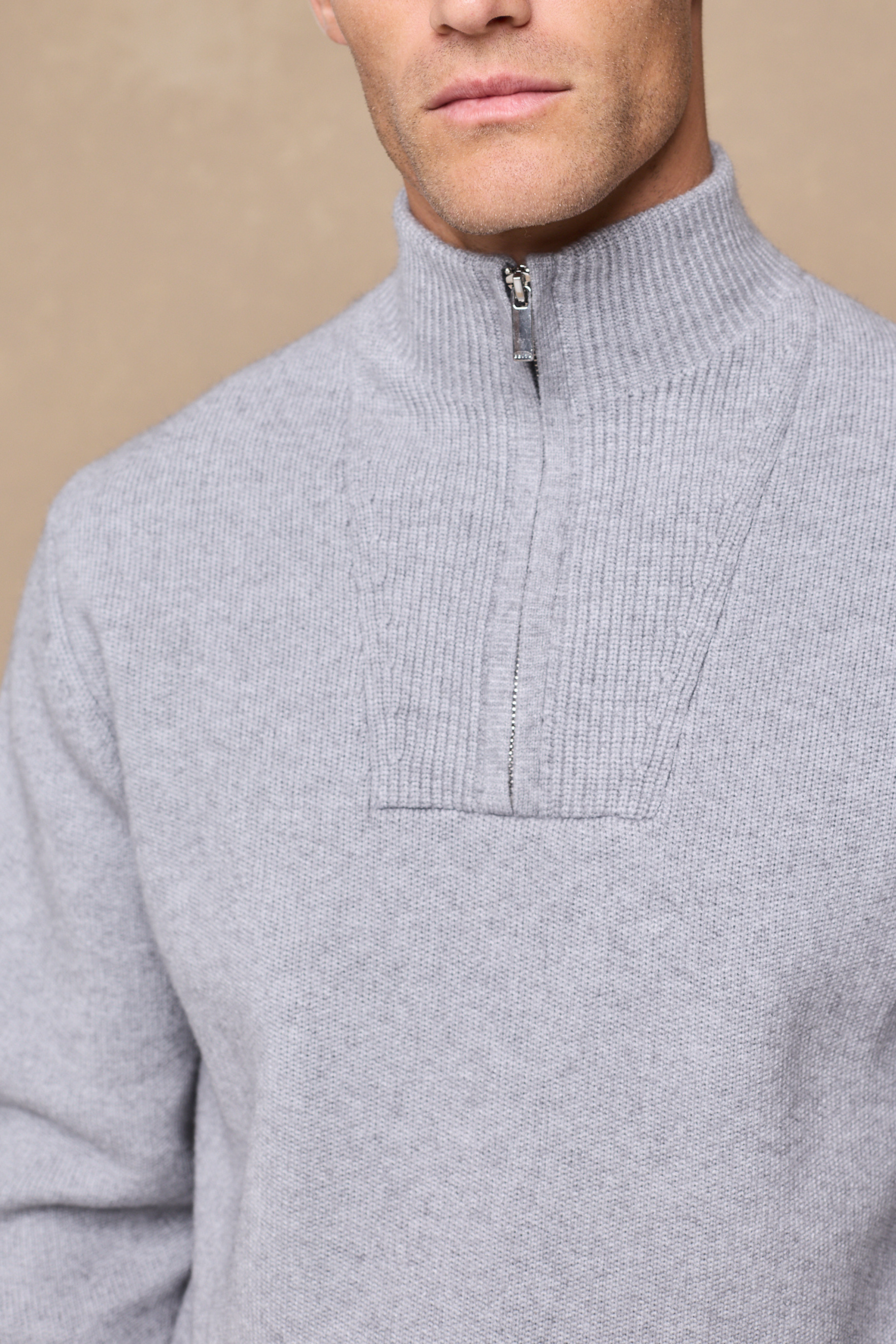 Asher Zipped Funnel Neck Knit - Light Grey Marl
