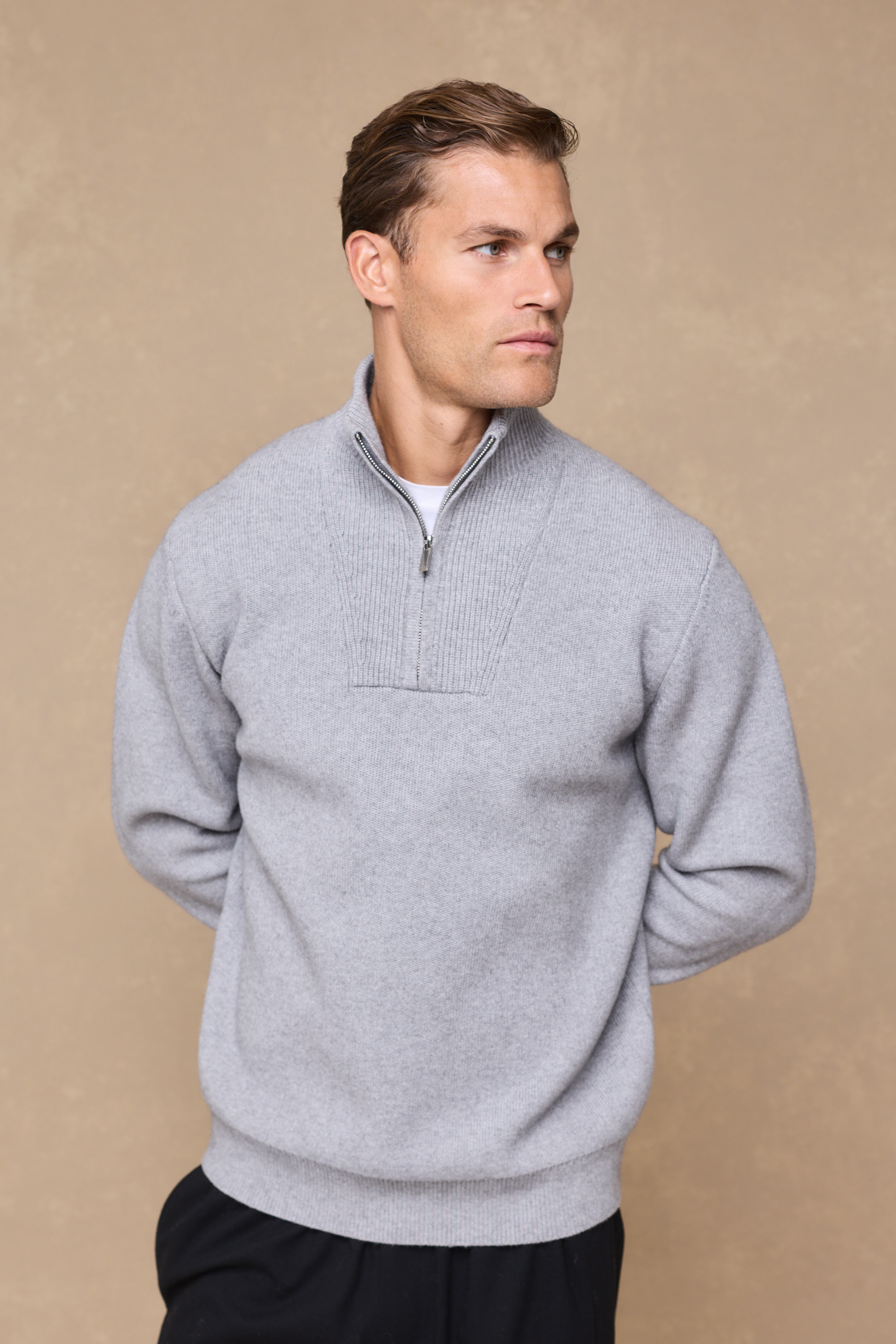 Asher Zipped Funnel Neck Knit - Light Grey Marl