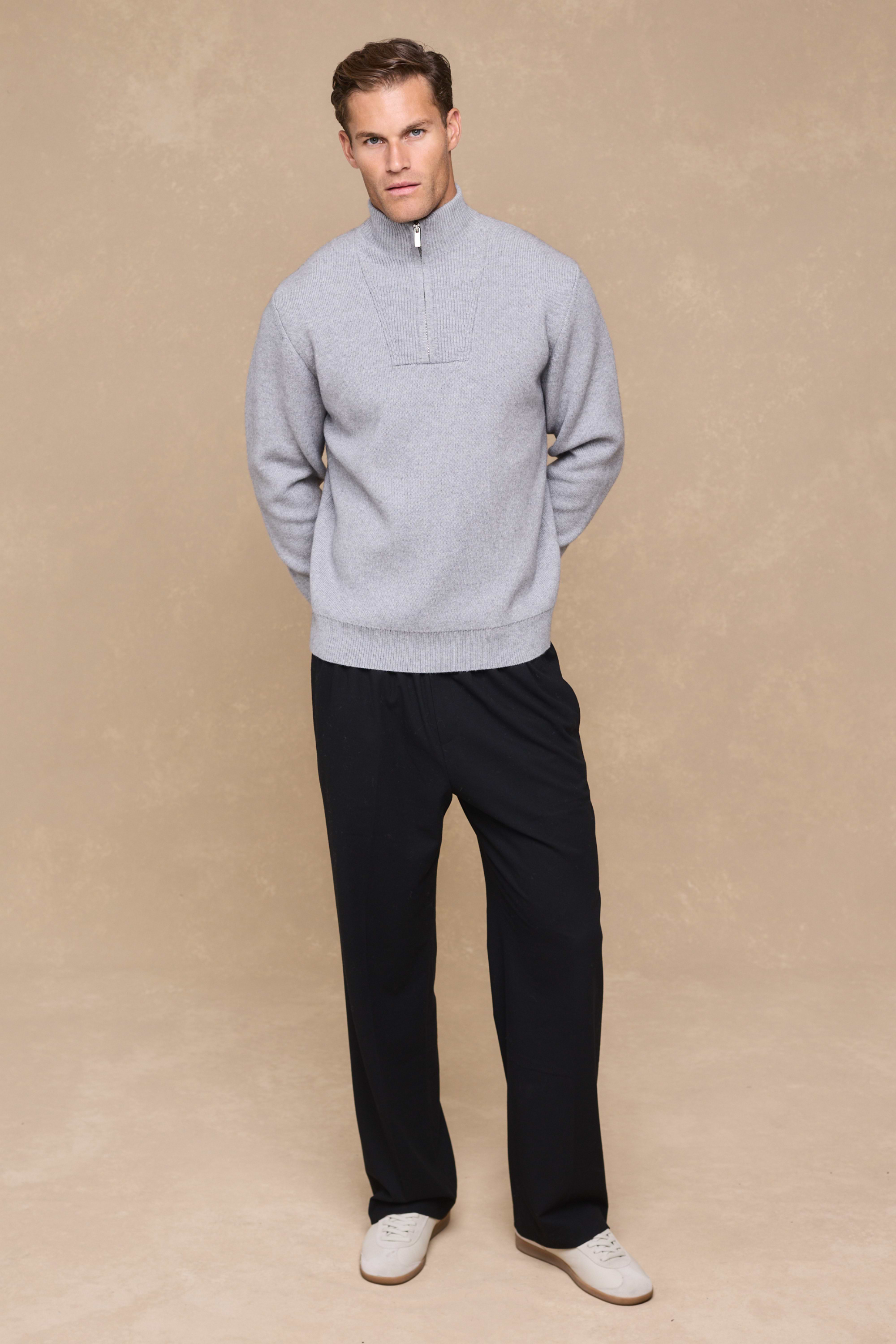 Asher Zipped Funnel Neck Knit - Light Grey Marl