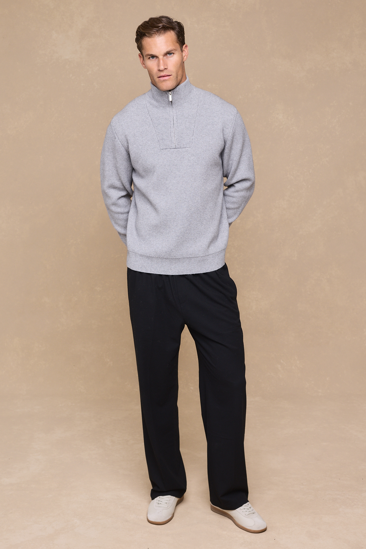 Asher Zipped Funnel Neck Knit - Light Grey Marl