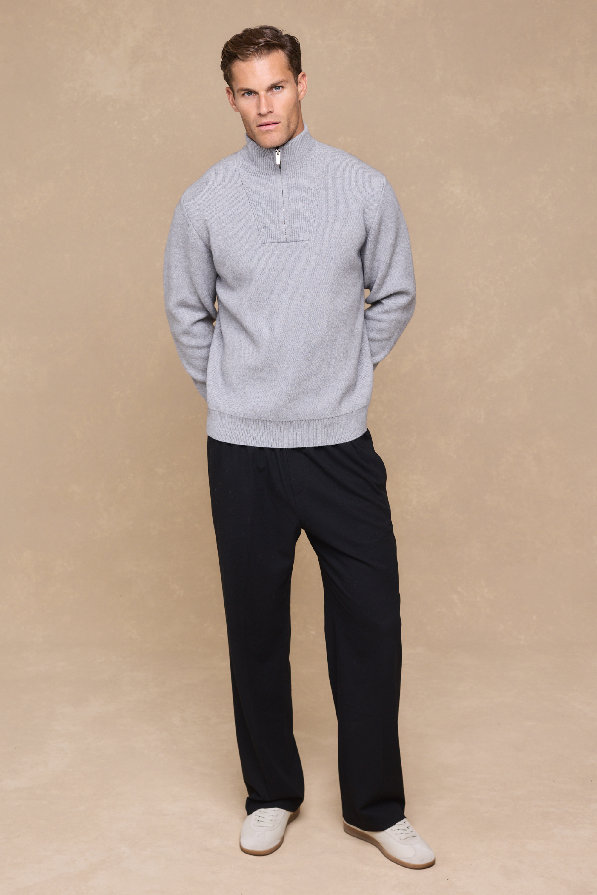 Asher Zipped Funnel Neck Knit - Light Grey Marl