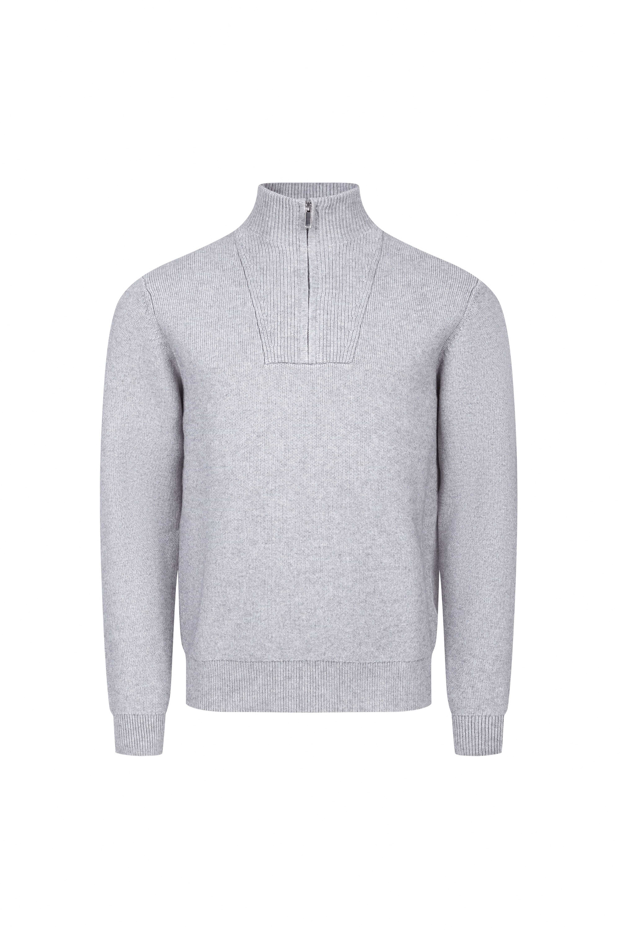 Asher Zipped Funnel Neck Knit - Light Grey Marl