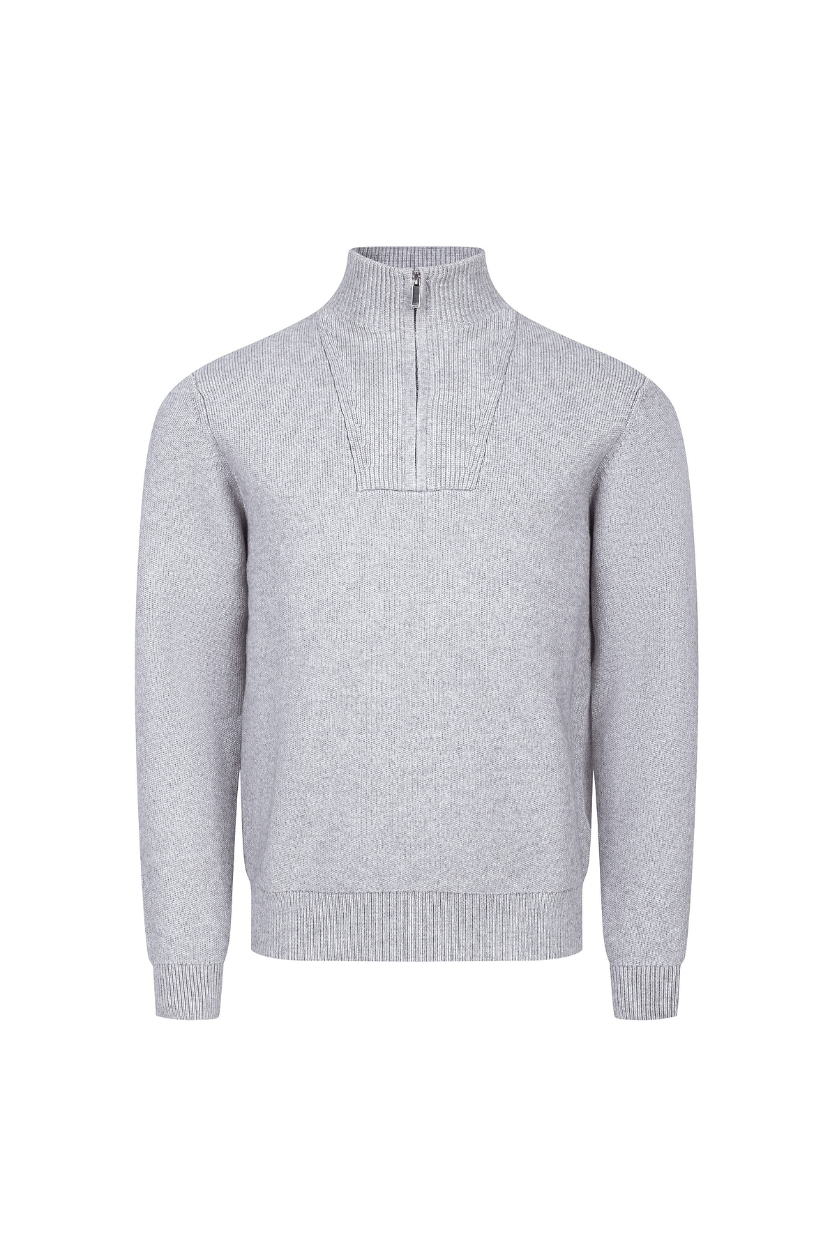 Asher Zipped Funnel Neck Knit - Light Grey Marl