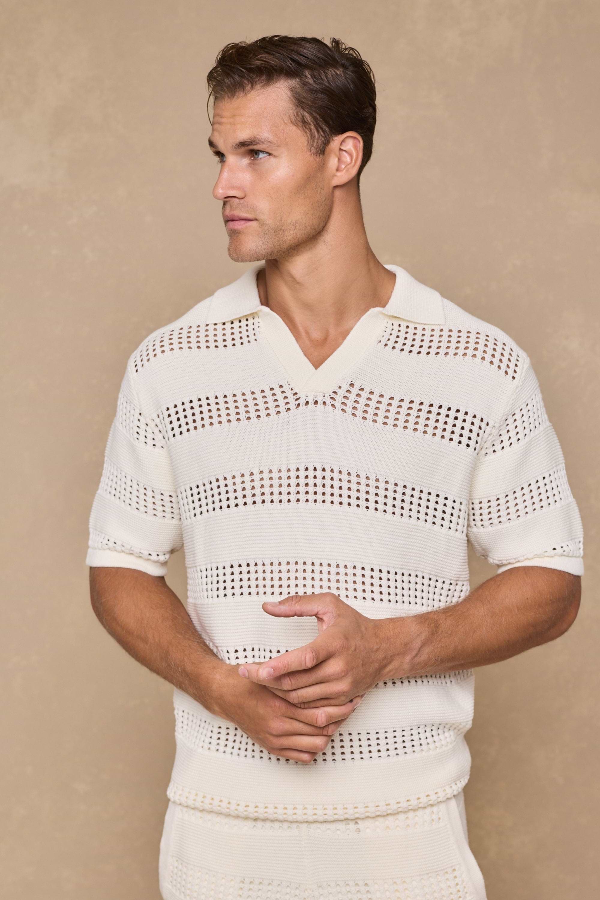 Frattina Crochet Cotton Knit Polo - Ecru
