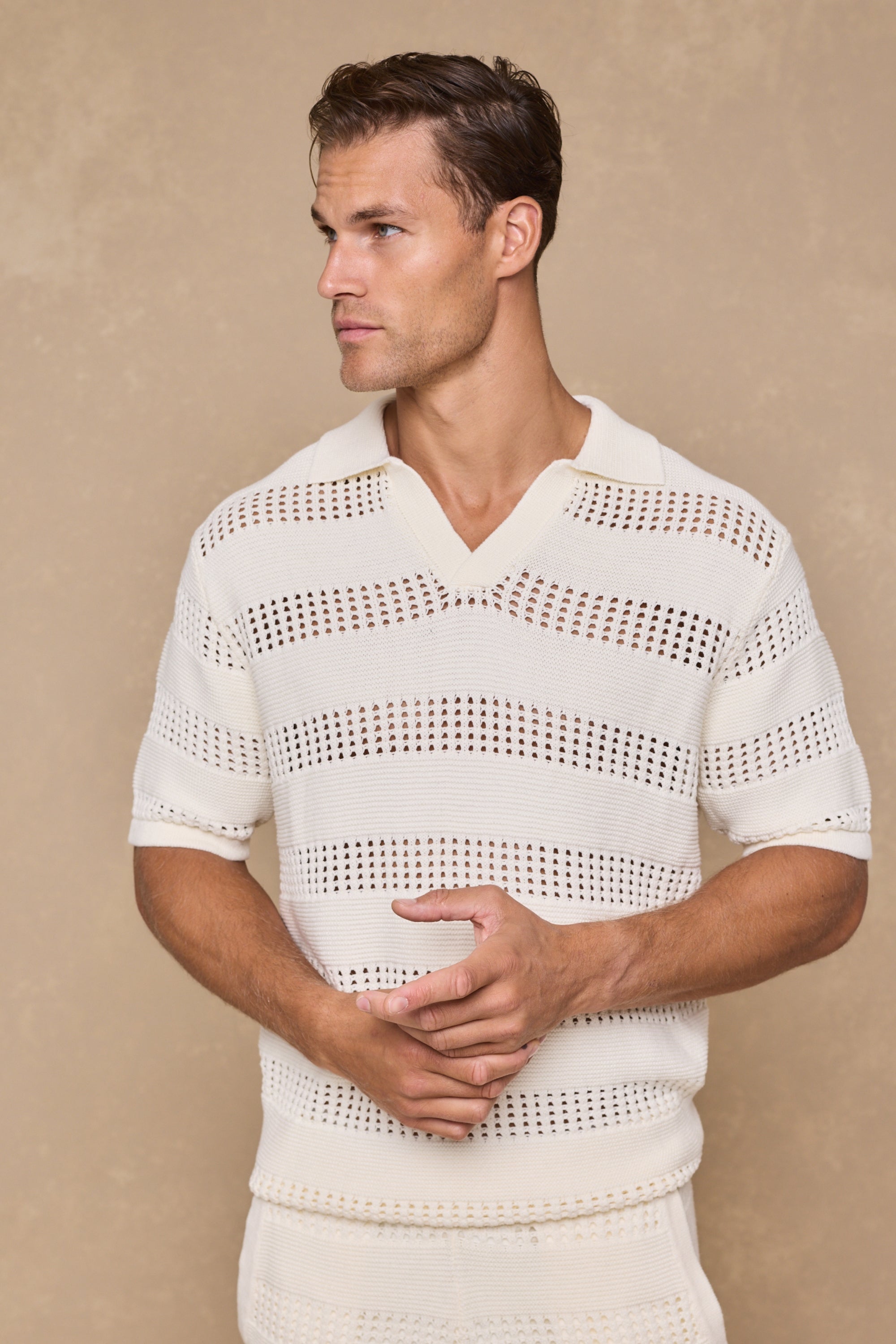 Frattina Crochet Cotton Knit Polo - Ecru
