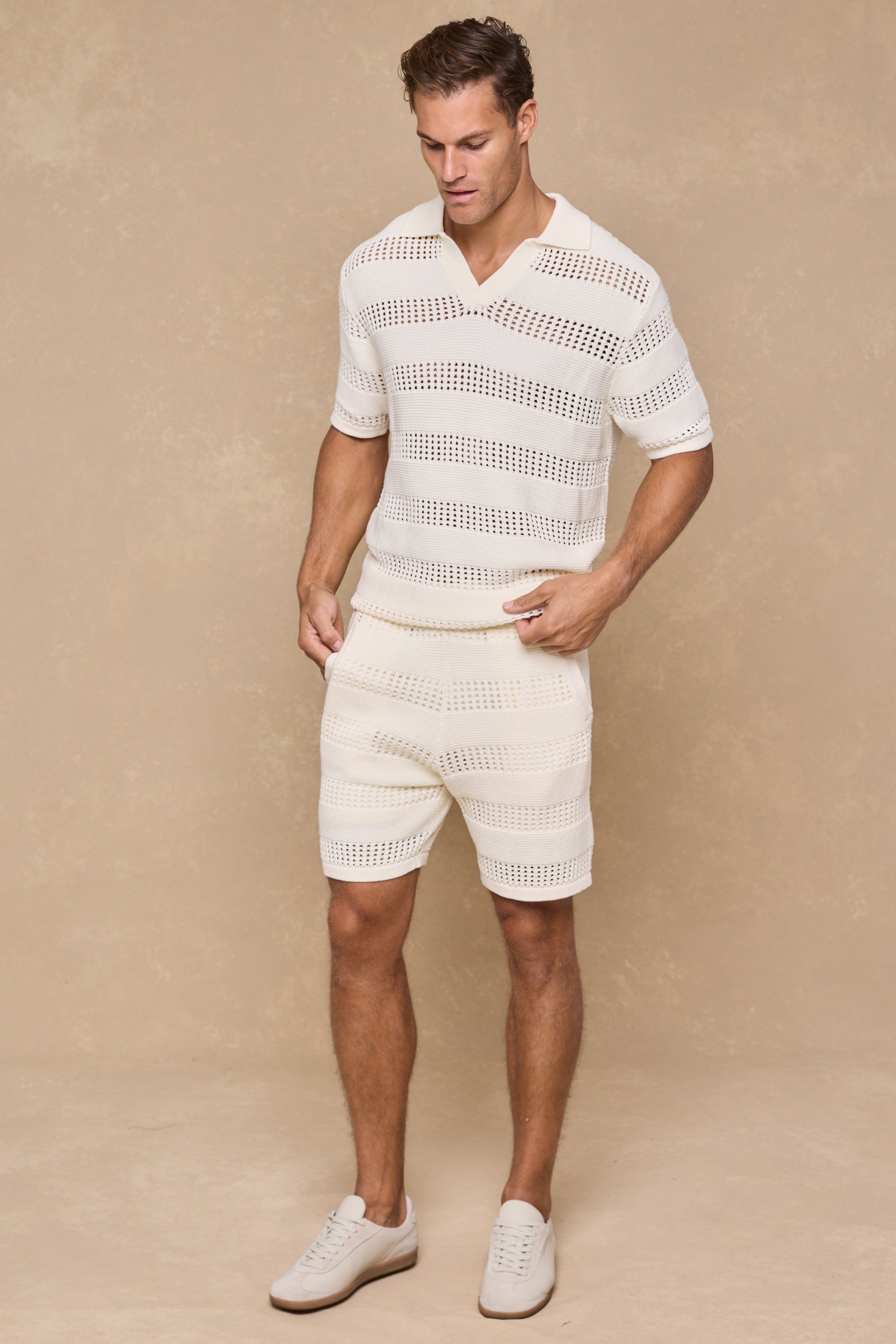 Frattina Crochet Cotton Knit Polo - Ecru
