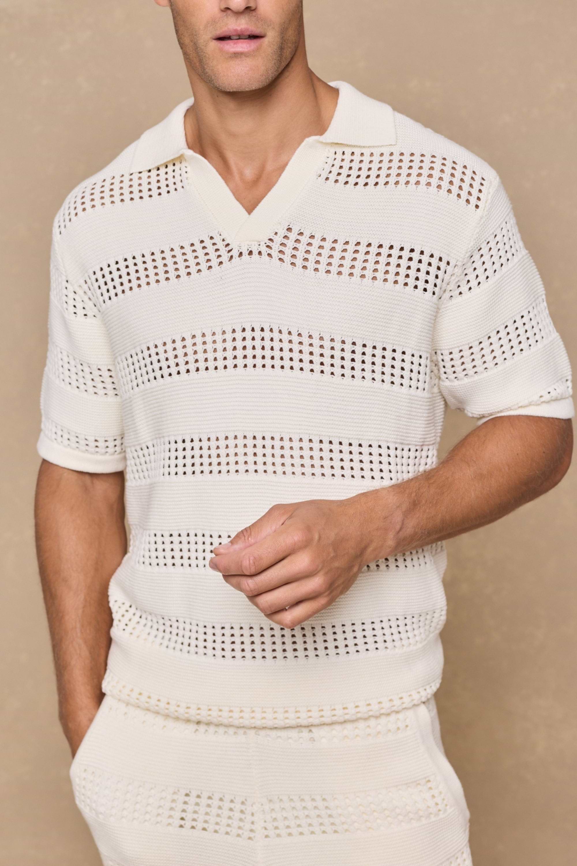 Frattina Häkel-Baumwollstrick-Poloshirt – Ecru