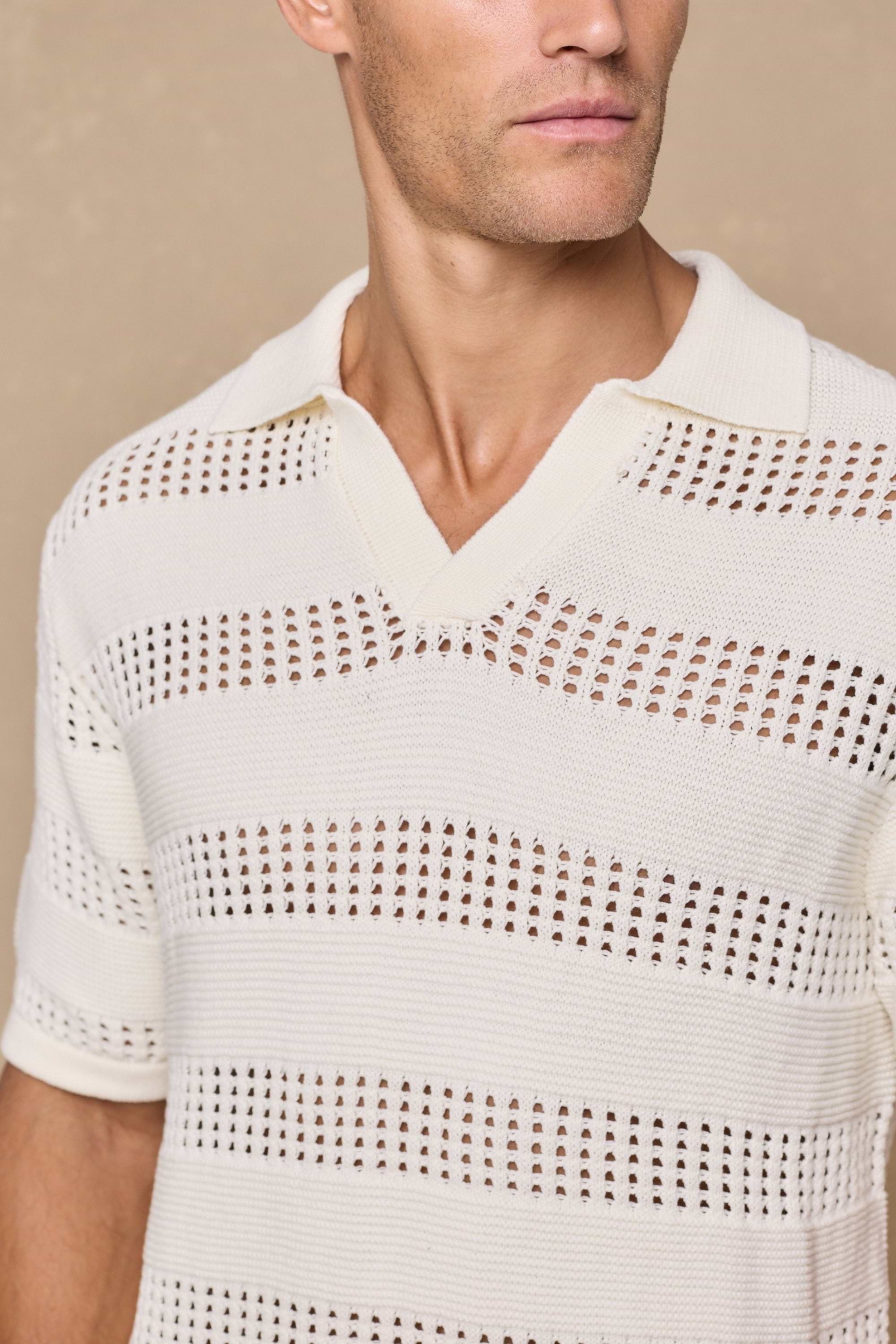 Frattina Crochet Cotton Knit Polo - Ecru