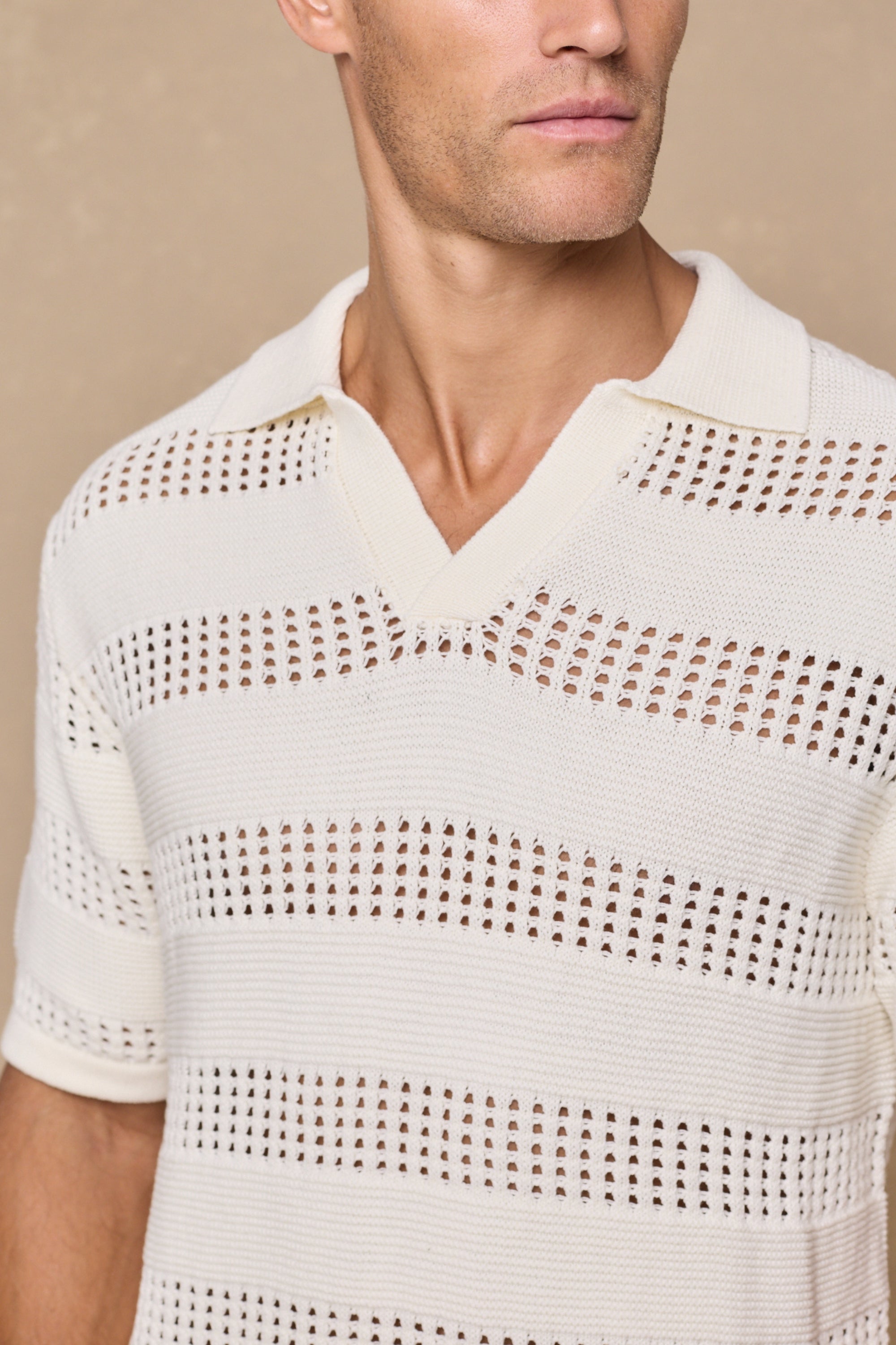 Frattina Crochet Cotton Knit Polo - Ecru