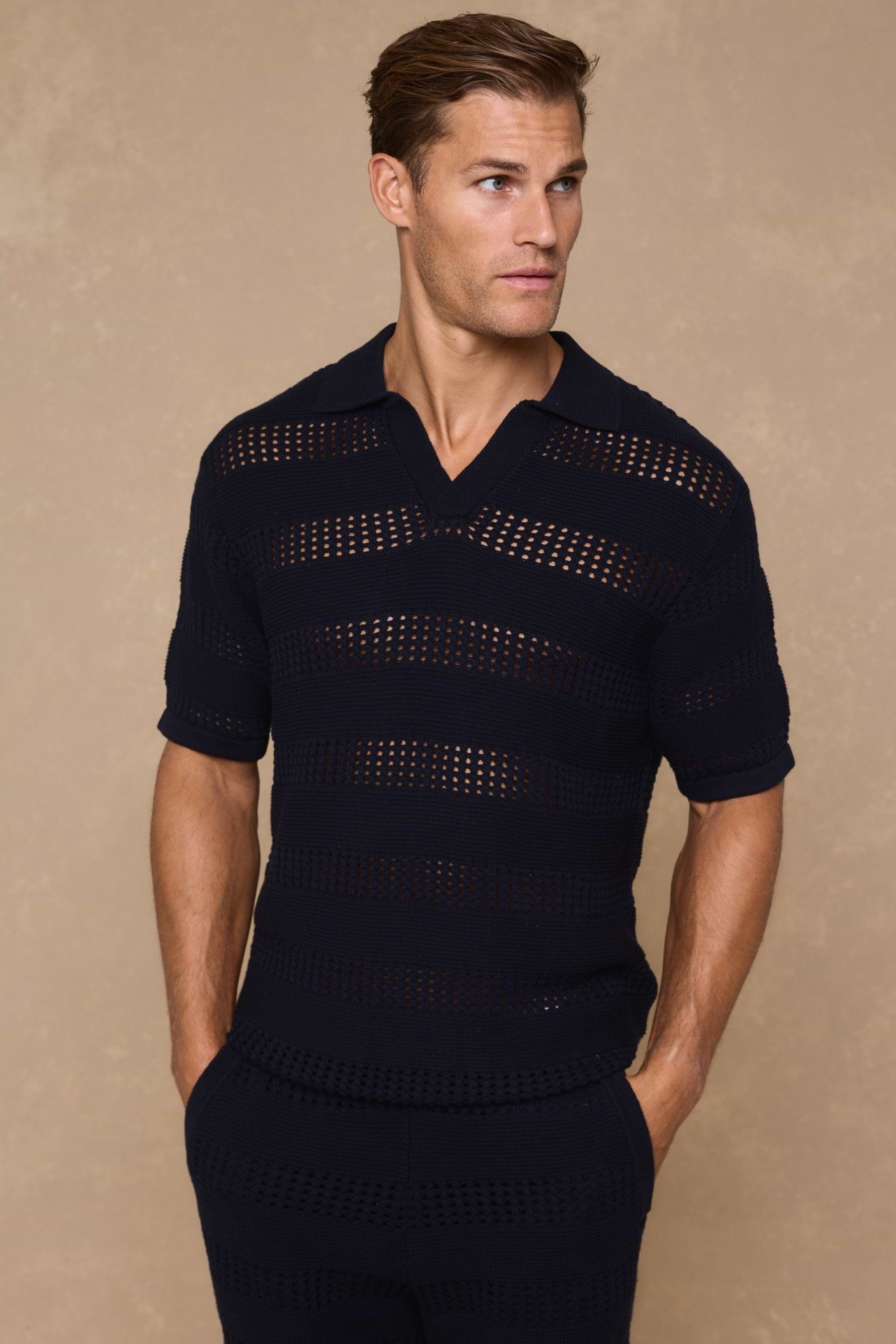 Frattina Crochet Cotton Knit Polo - Navy
