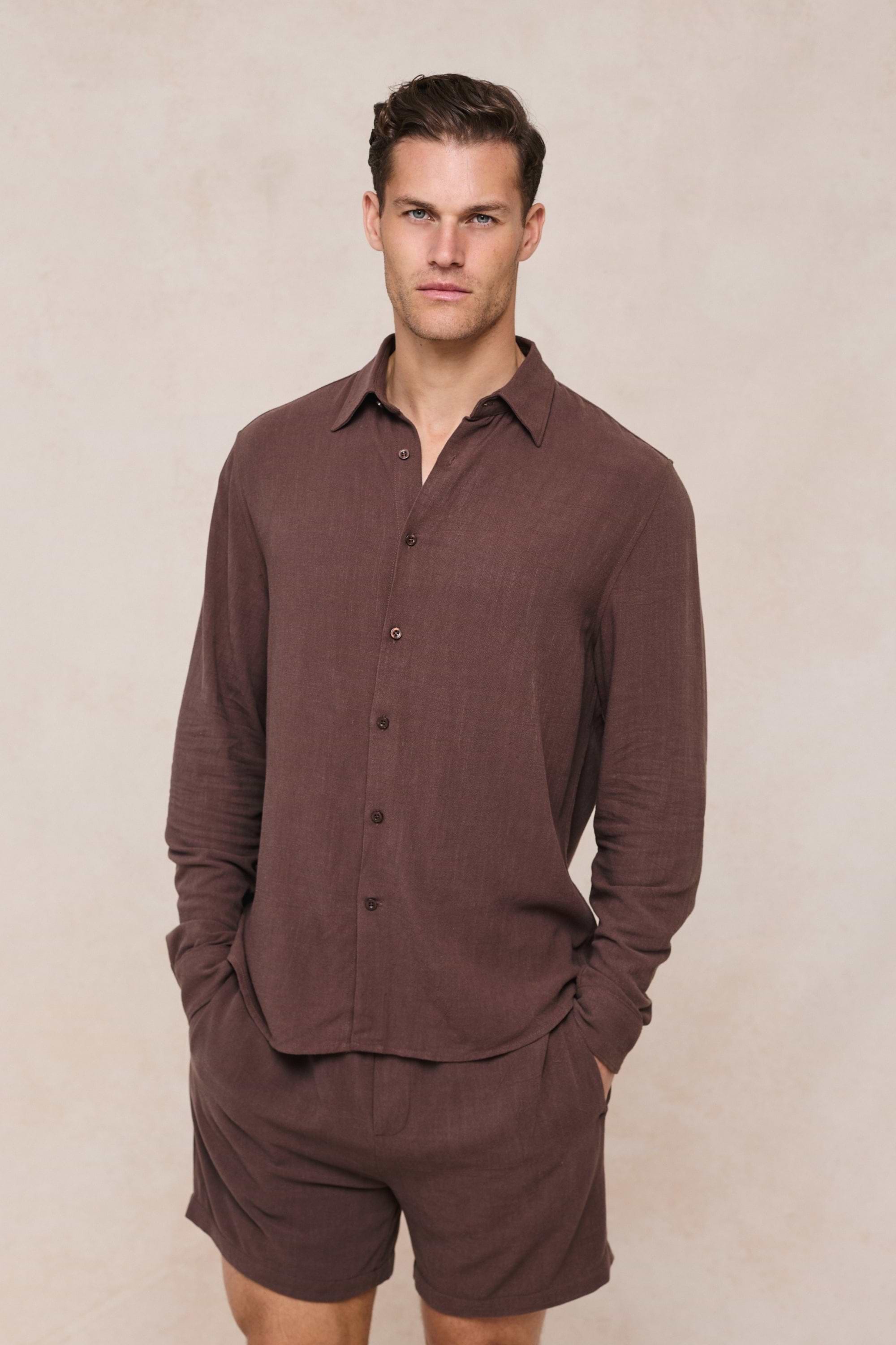 Cami Linen Classic Collar Shirt - Brown