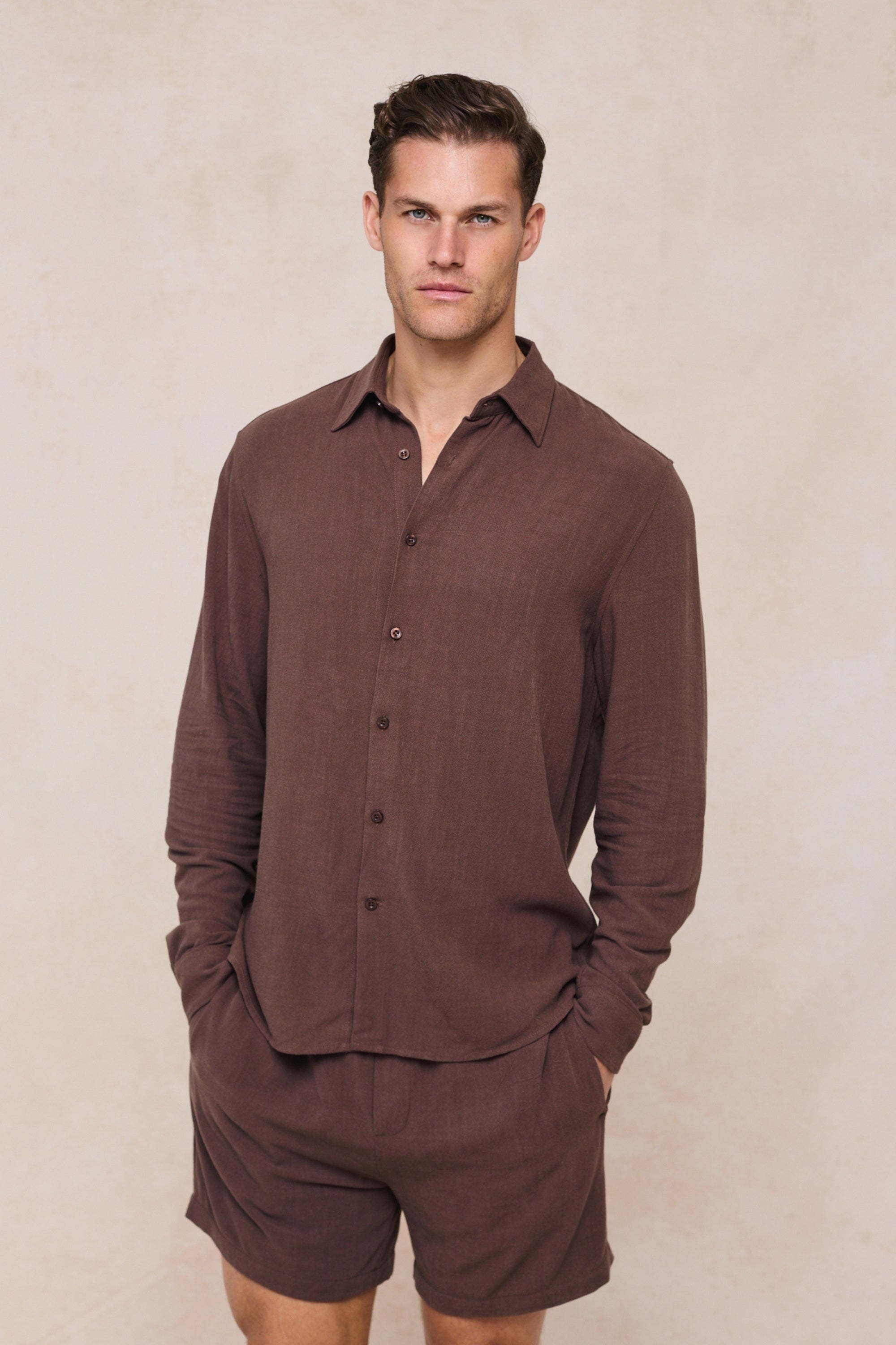 Cami Linen Classic Collar Shirt - Brown