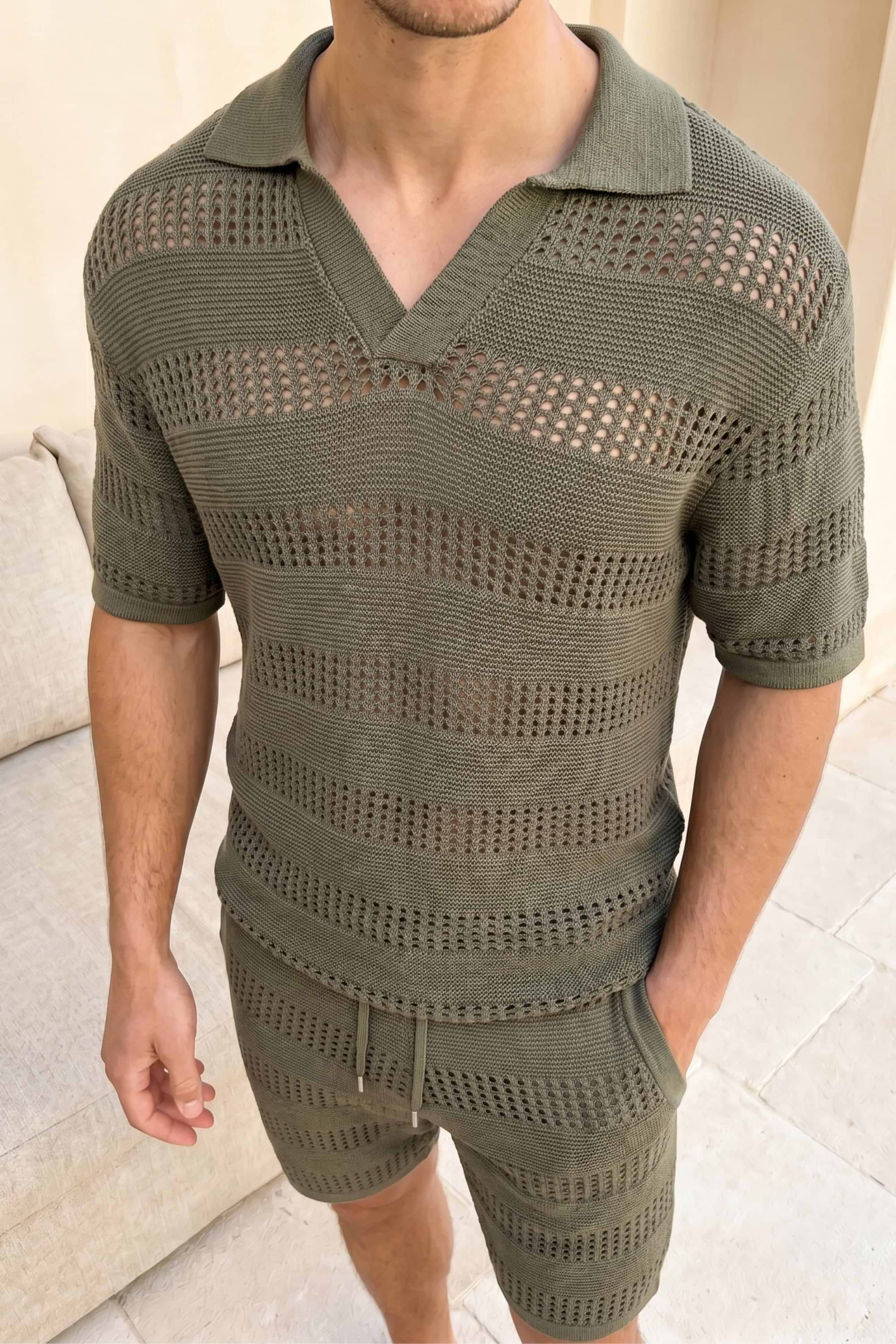 Frattina Crochet Cotton Knit Polo - Sage