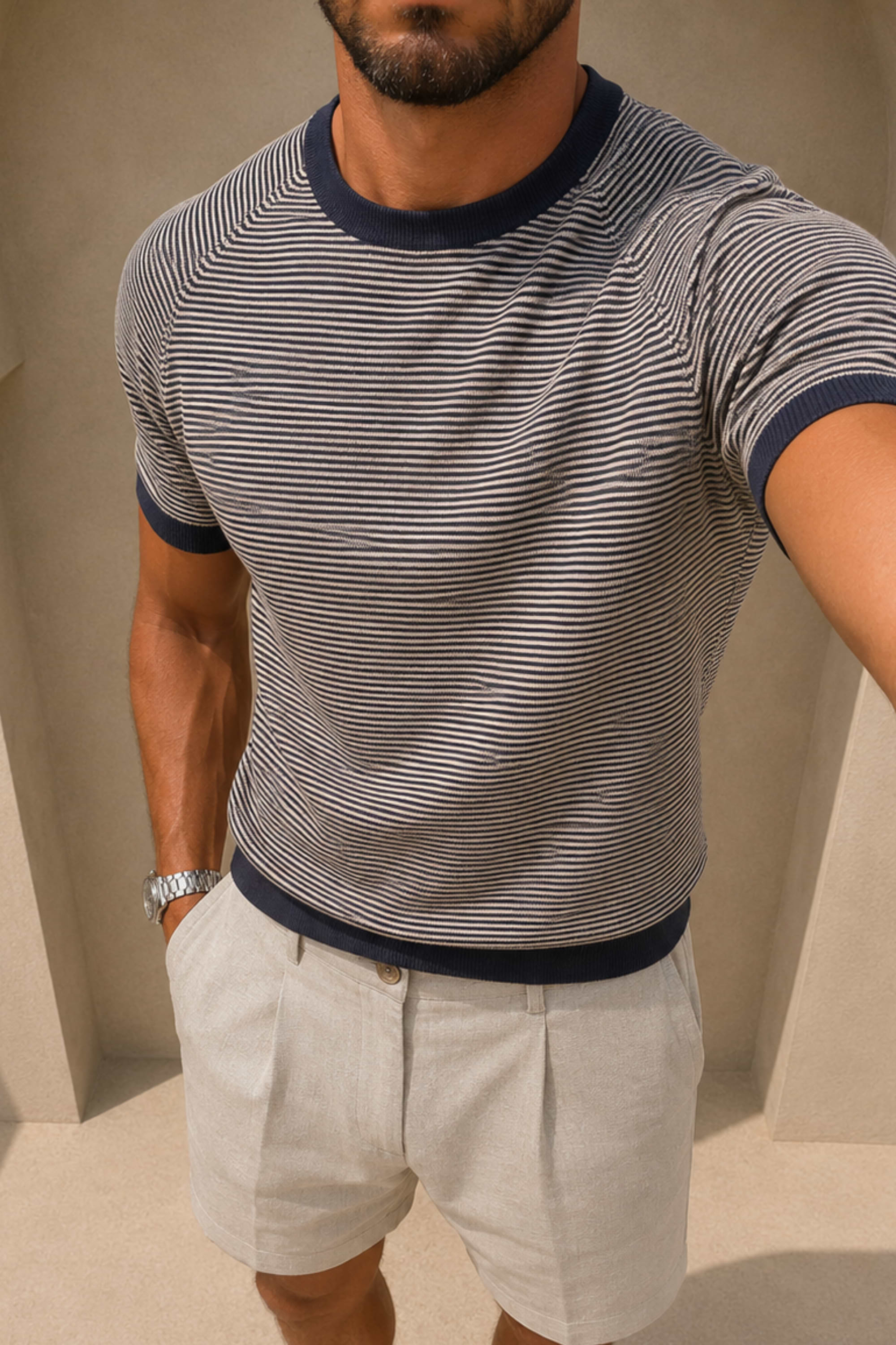 Rafael Linen Striped Crew Neck T-Shirt - Navy/Beige
