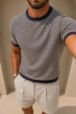 Rafael Linen Striped Crew Neck T-Shirt - Navy/Beige