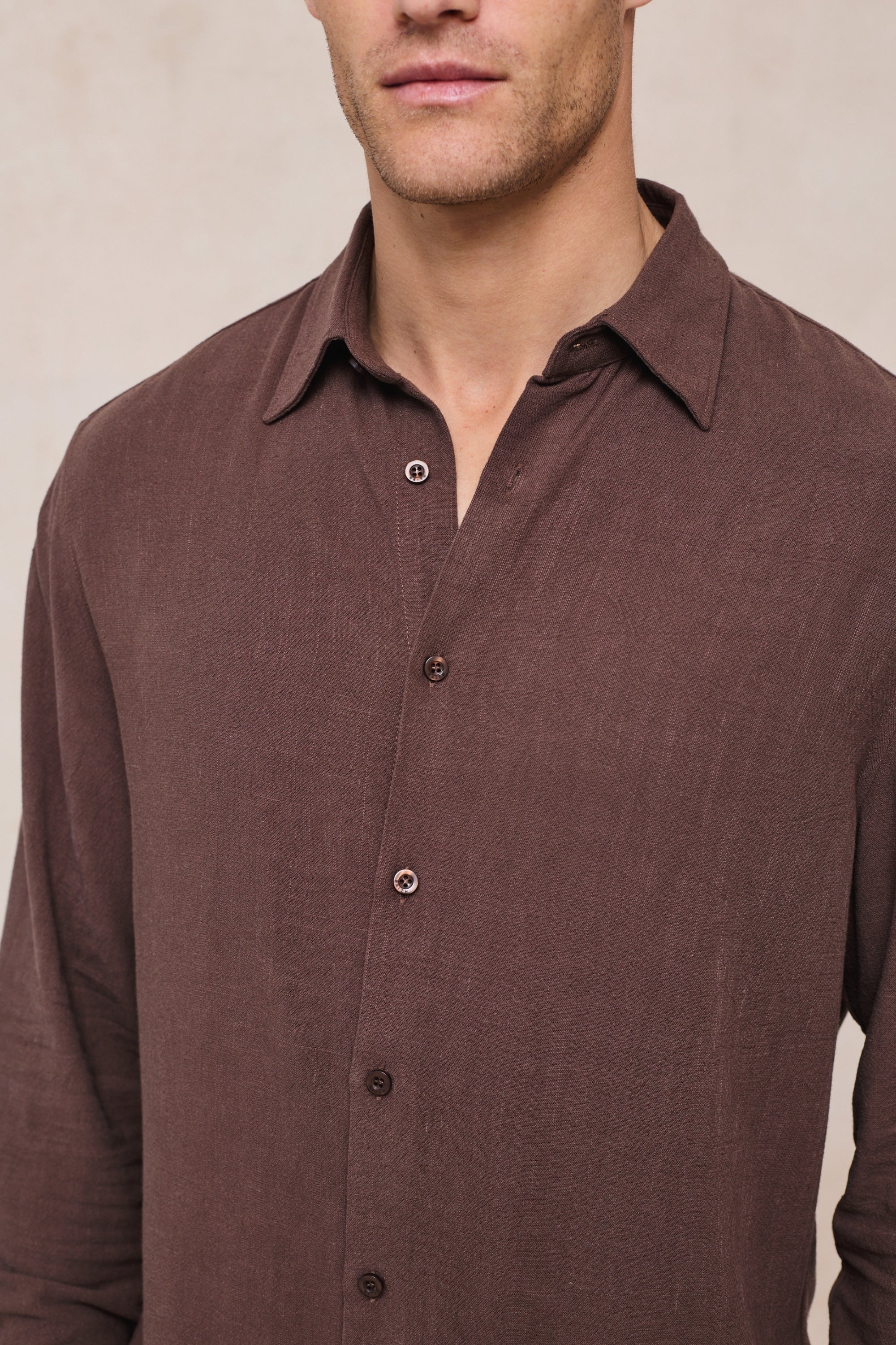 Cami Linen Classic Collar Shirt - Brown