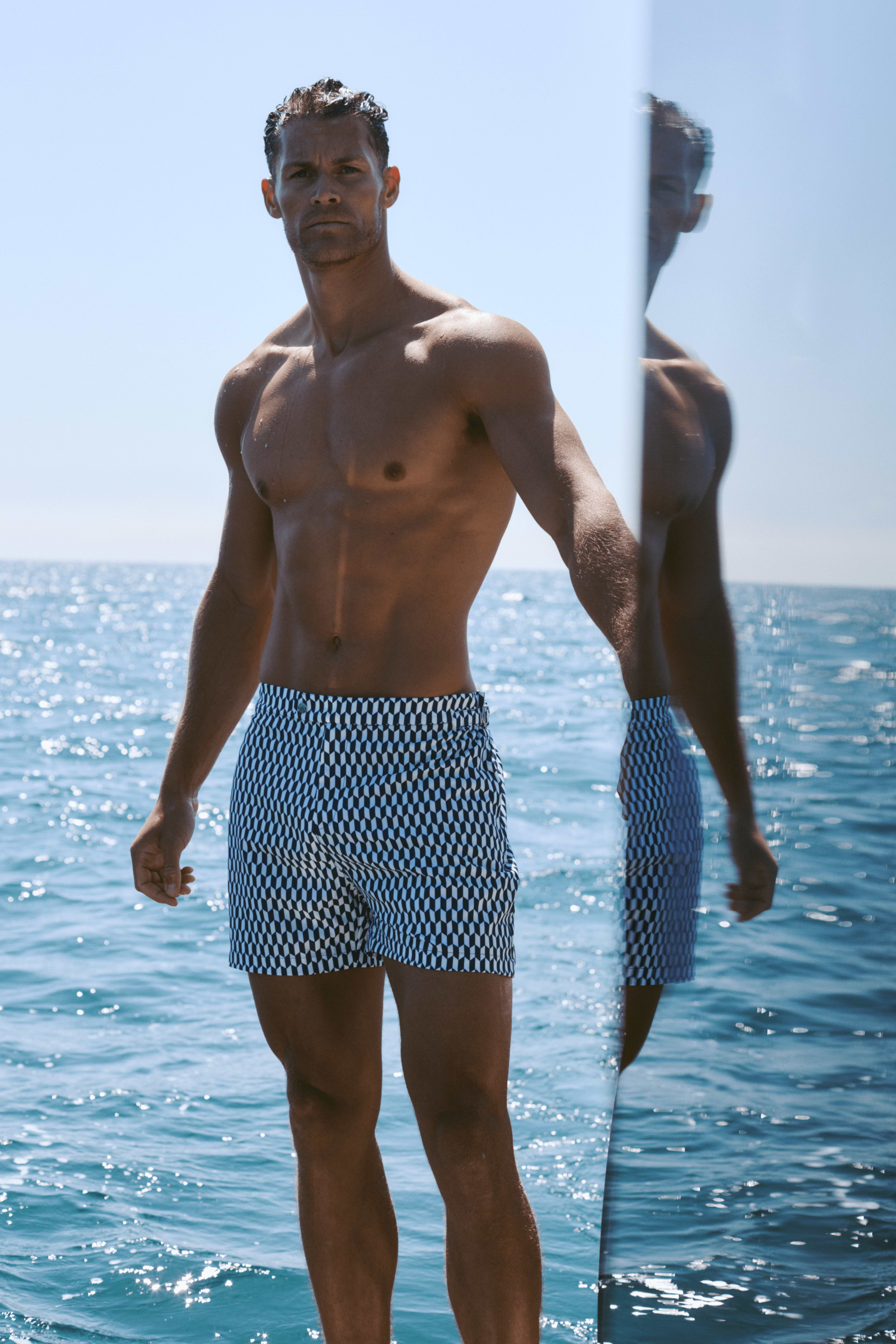 Rambla Printed Buckle Swim Short - Navy/White