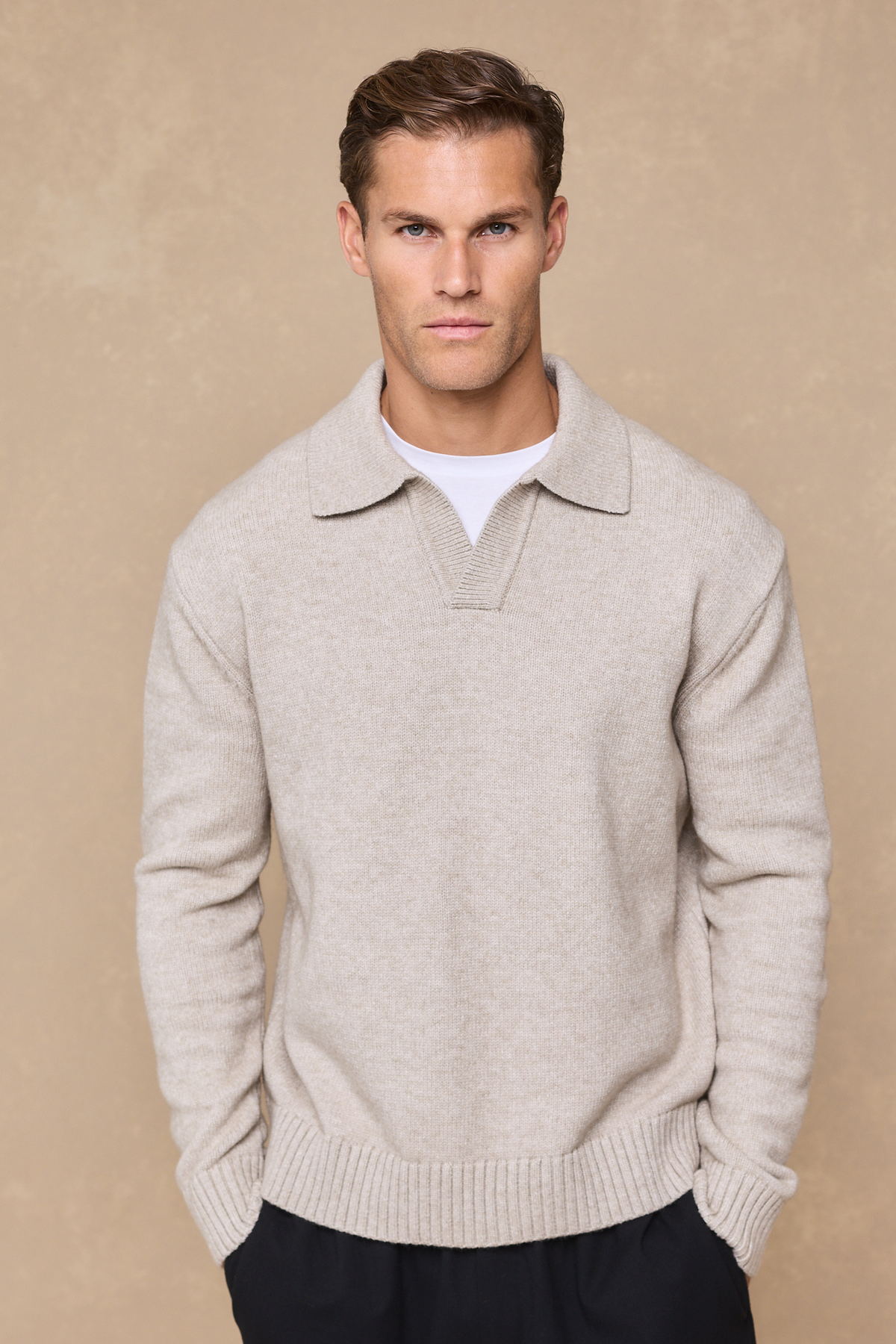 Dylan Chunky Knit Open Collar Sweater - Oatmeal