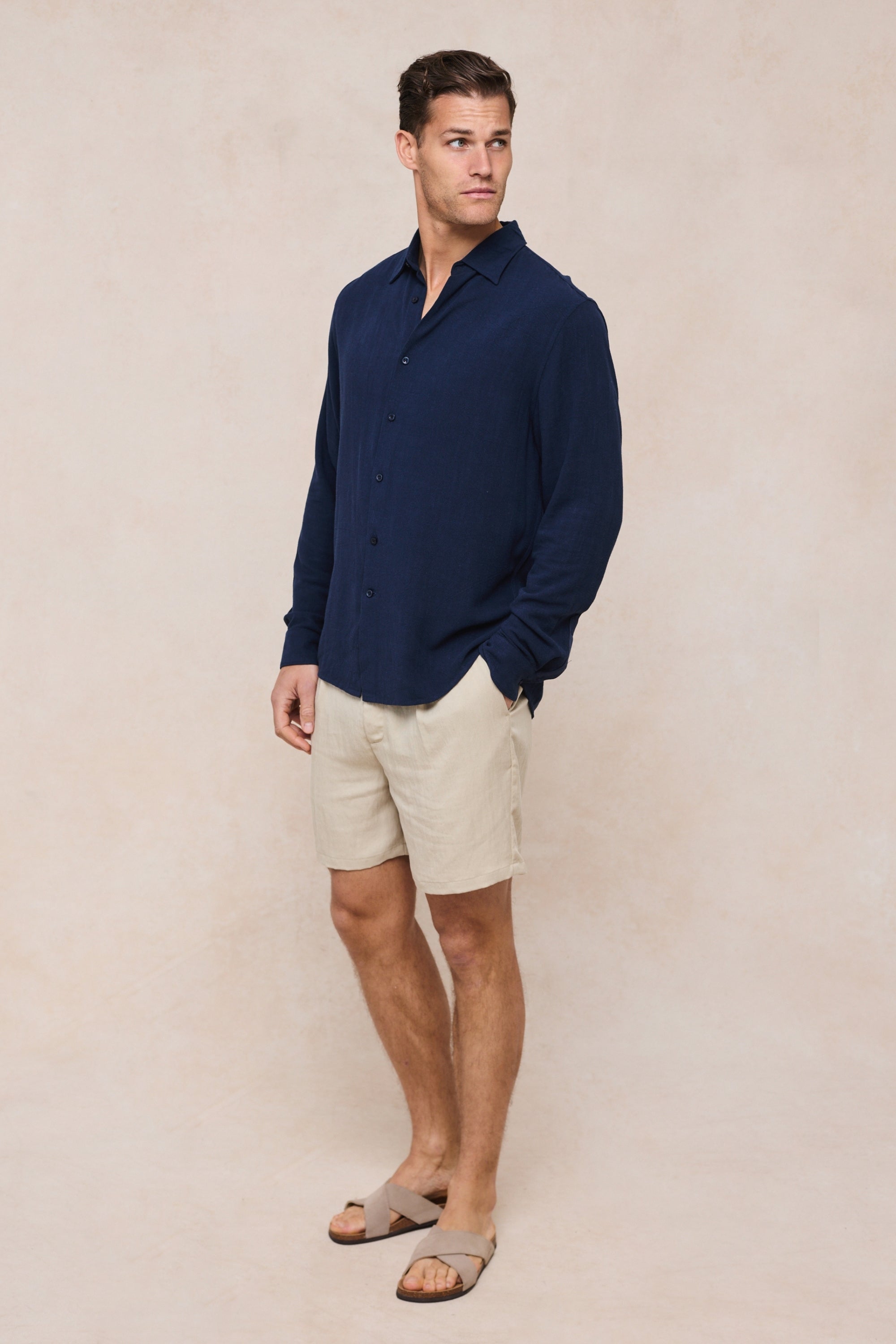 Cami Linen Classic Collar Shirt - Navy