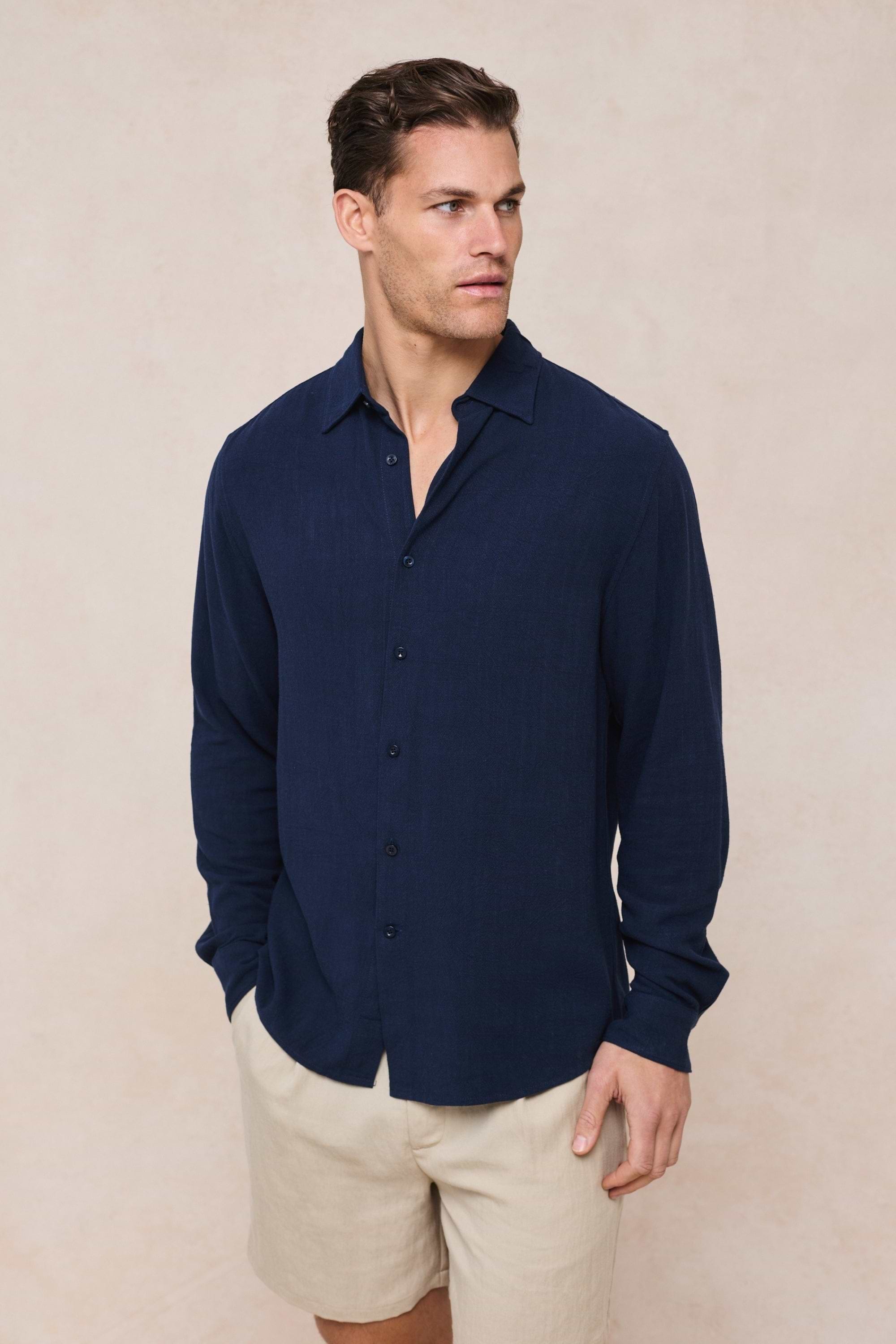 Cami Linen Classic Collar Shirt - Navy