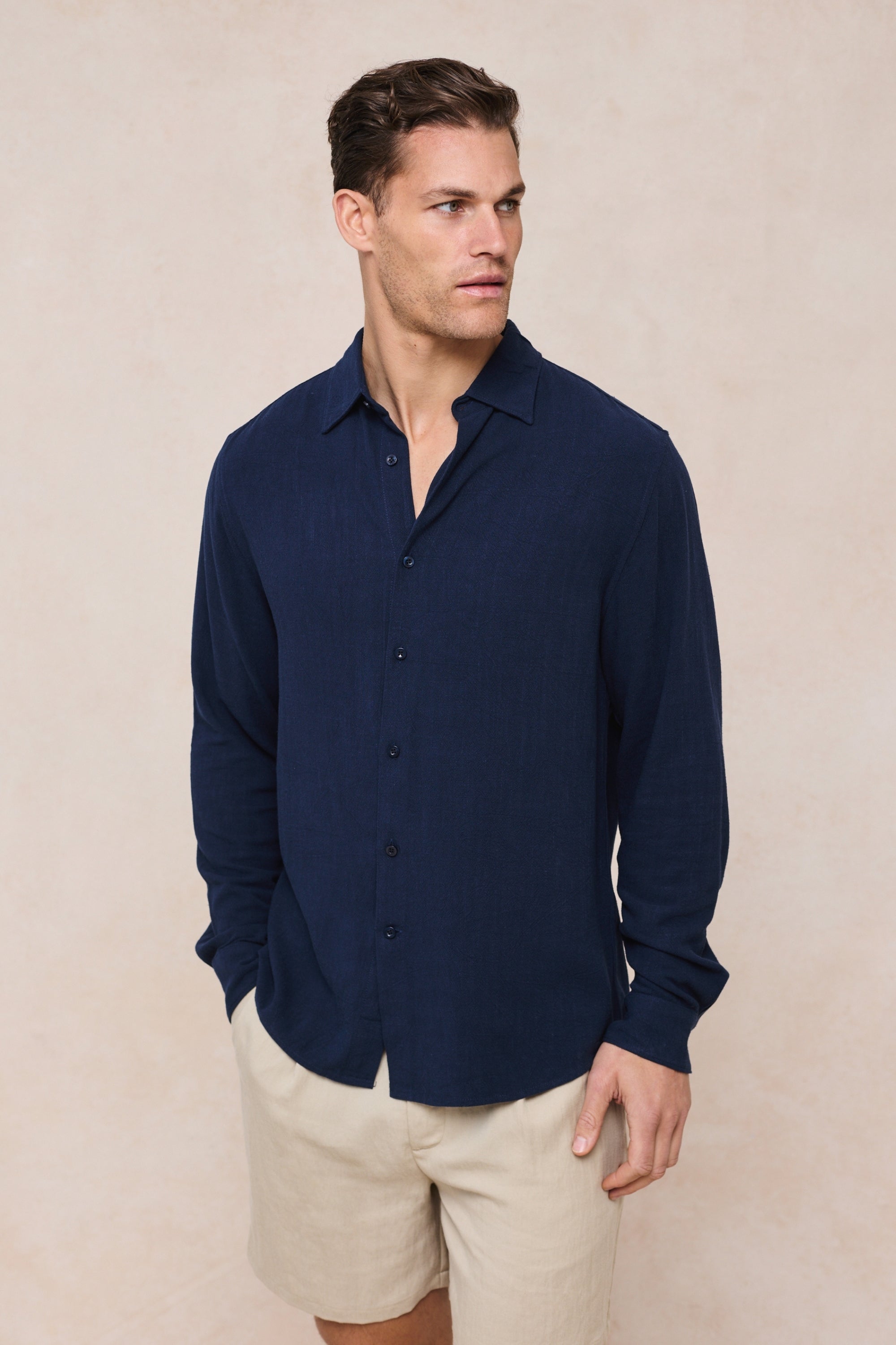 Cami Linen Classic Collar Shirt - Navy