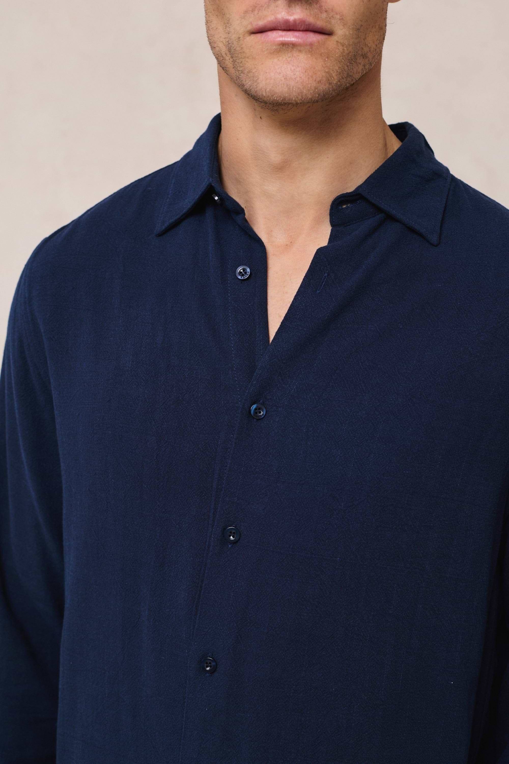 Cami Linen Classic Collar Shirt - Navy