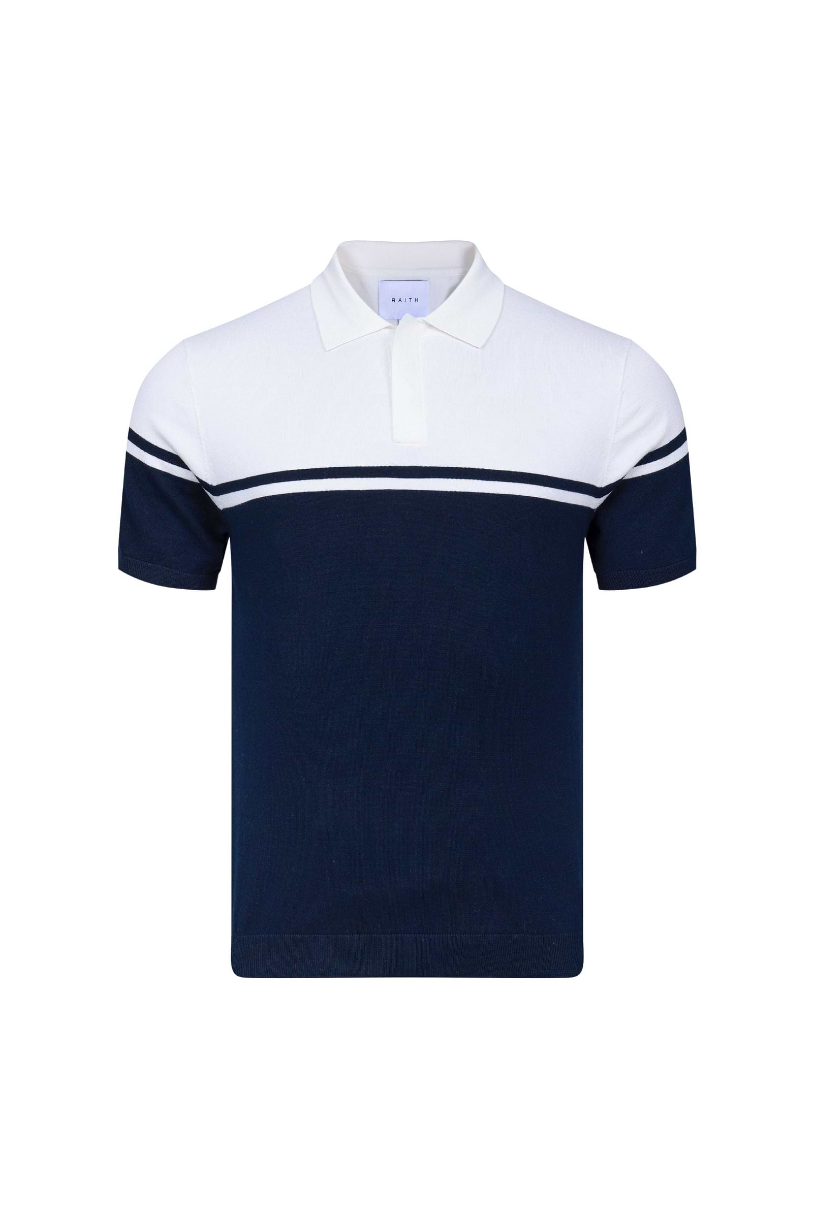 Vicolo Gestricktes Poloshirt mit Streifenmuster, kurzärmelig – Marineblau/Sand