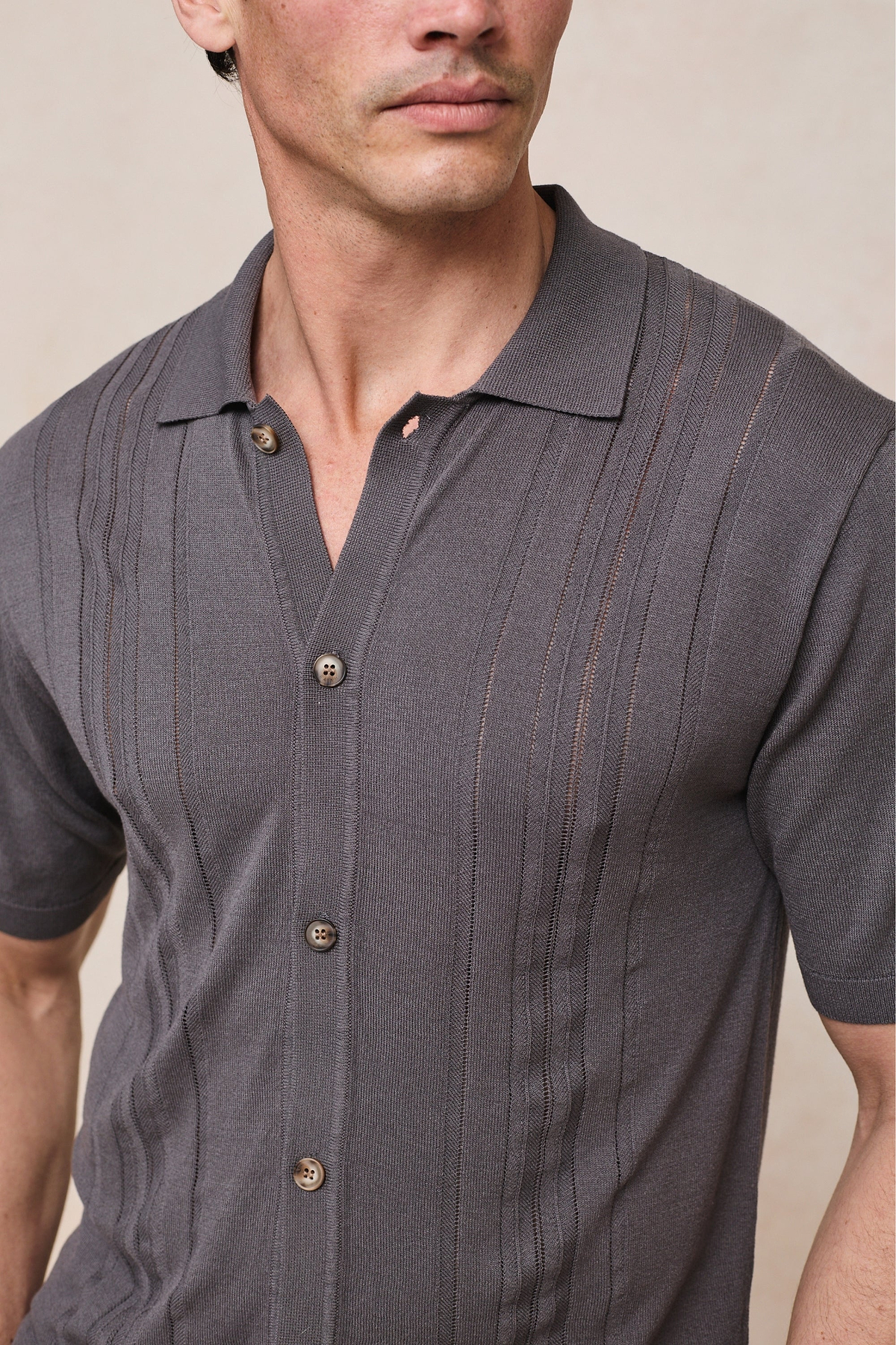 Juan Button Through Boucle Knit Striped Polo - Mushroom