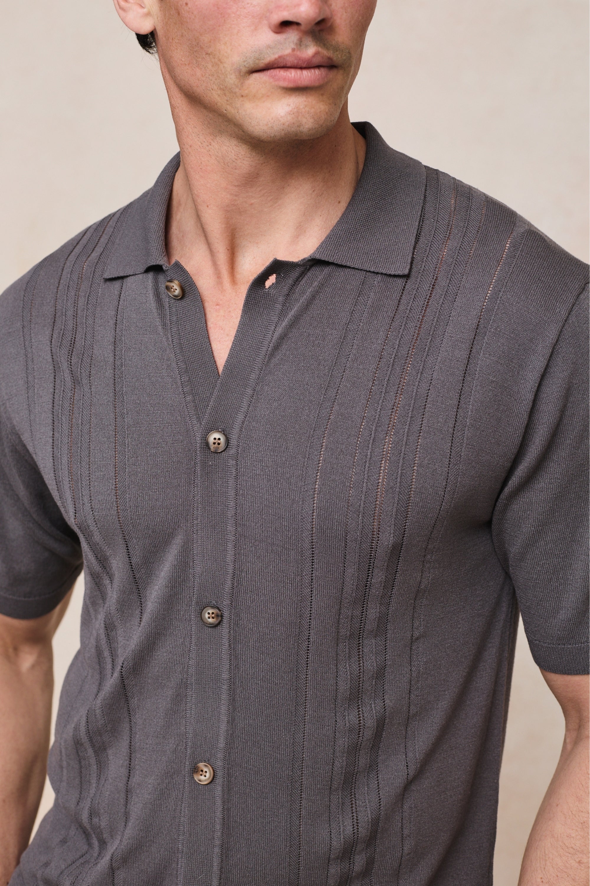 Juan Button Thru Boucle Knit Striped Polo - Mushroom