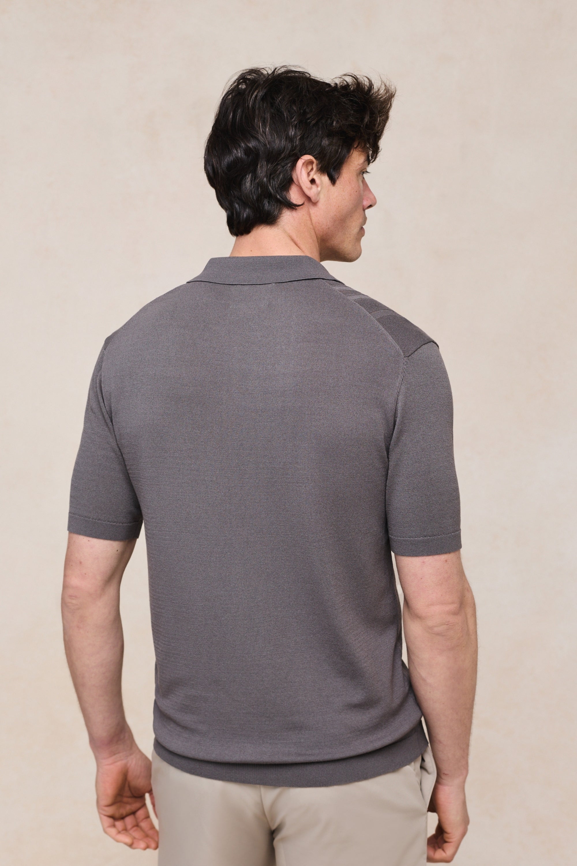 Juan Button Thru Boucle Knit Striped Polo - Mushroom