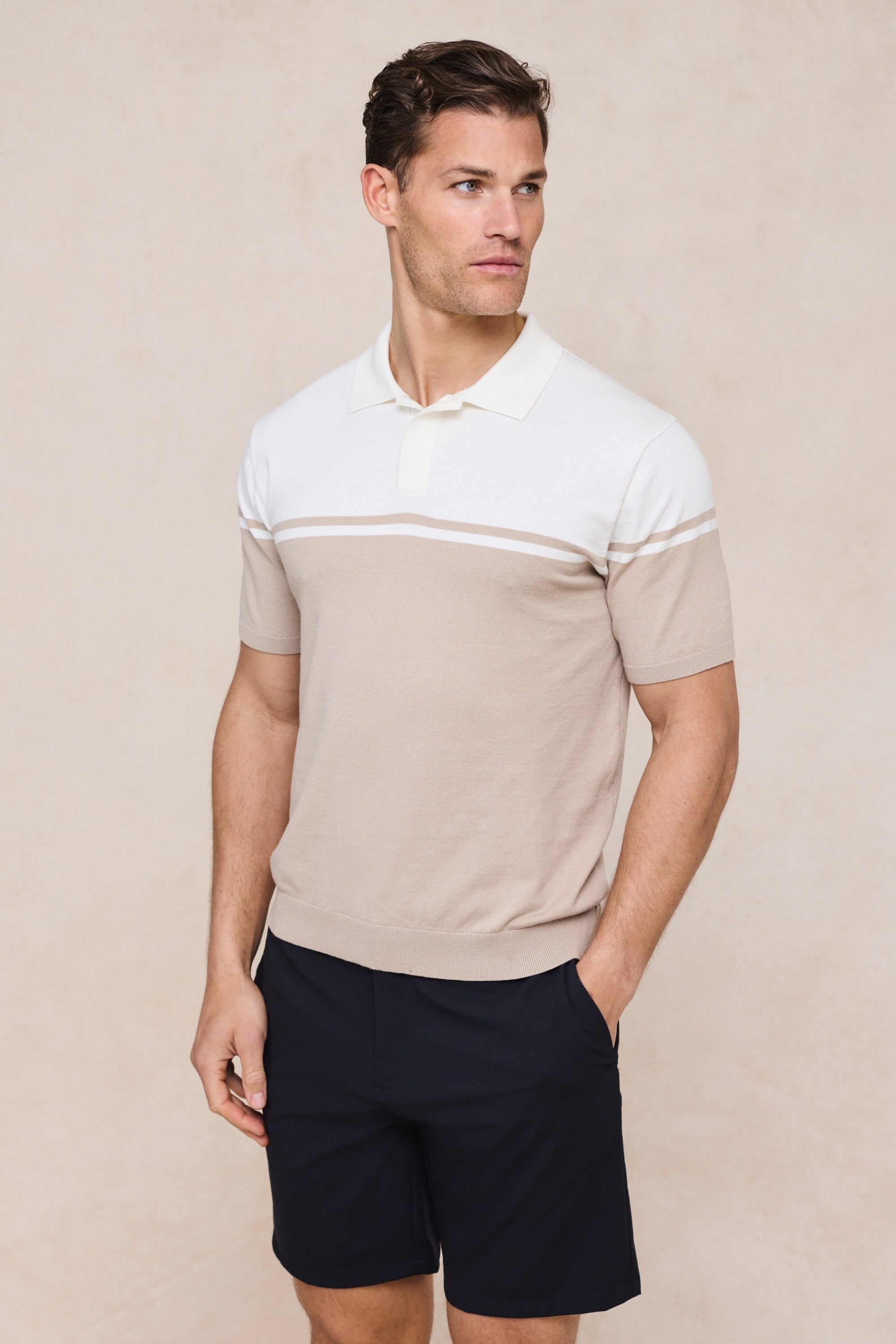 Vicolo Knitted Striped Block Polo SS - Ecru/Sand