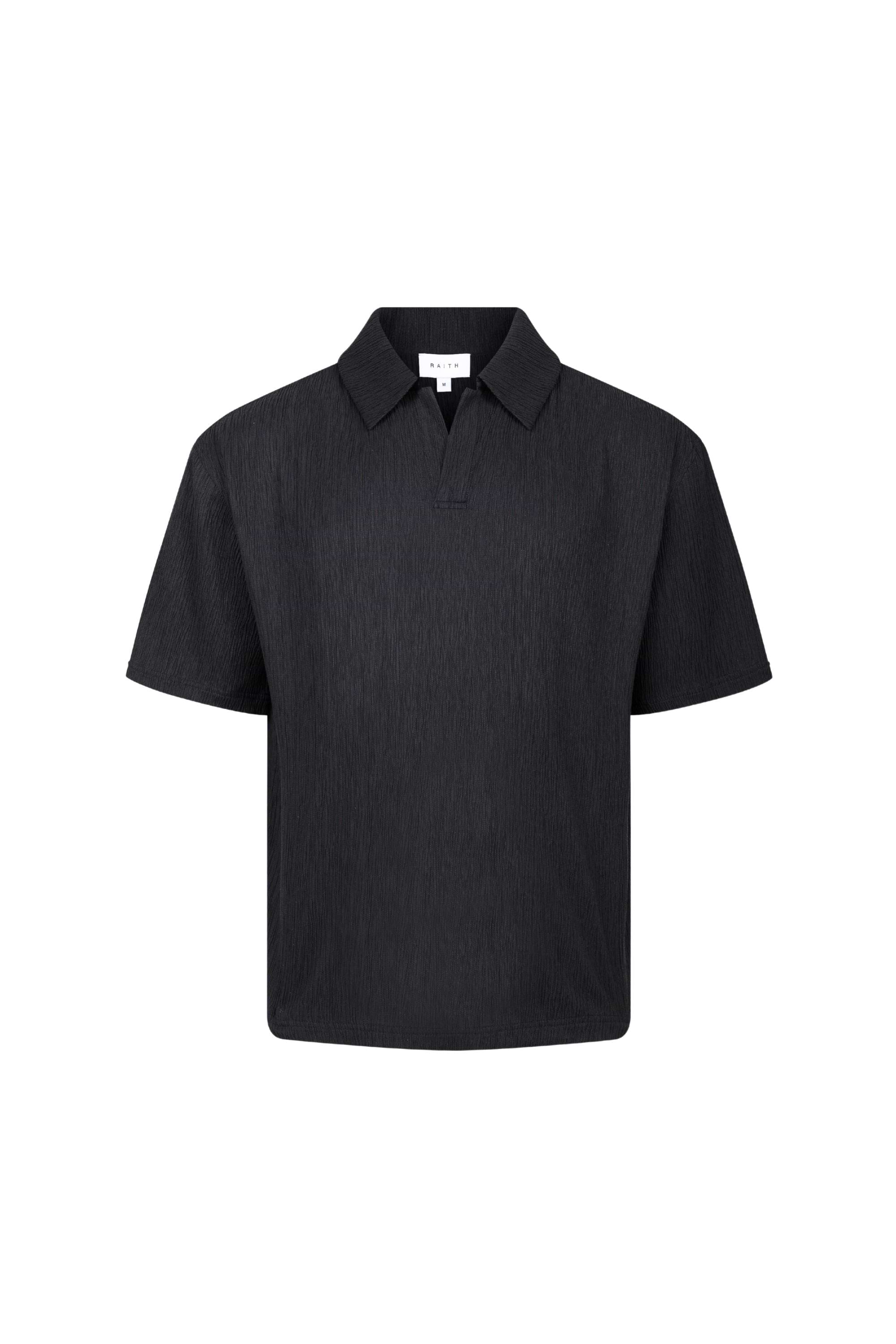 Silvano Crinkled Open Collar Polo - Black