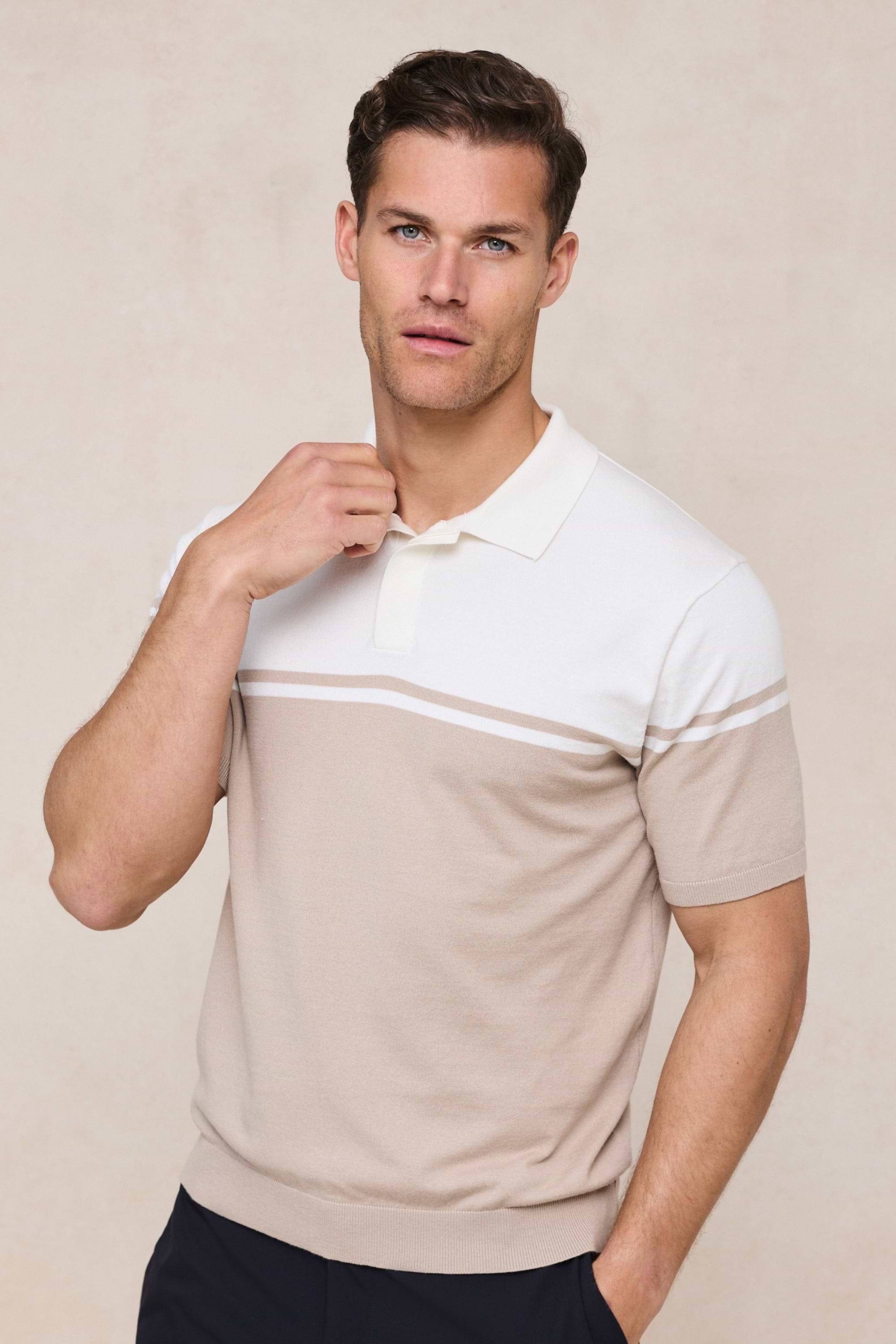 Vicolo Knitted Striped Block Polo SS - Ecru/Sand