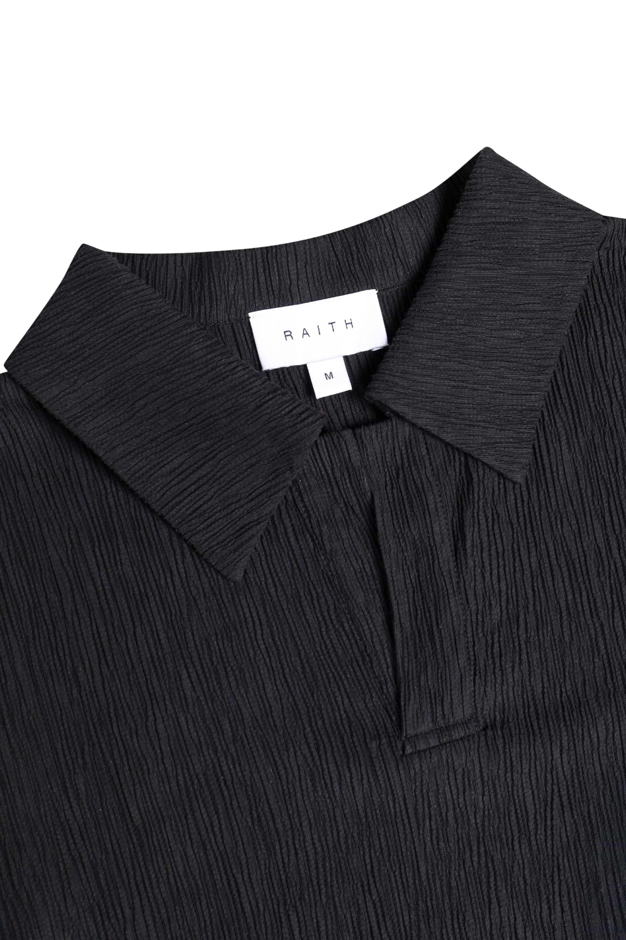 Silvano Crinkled Open Collar Polo - Black