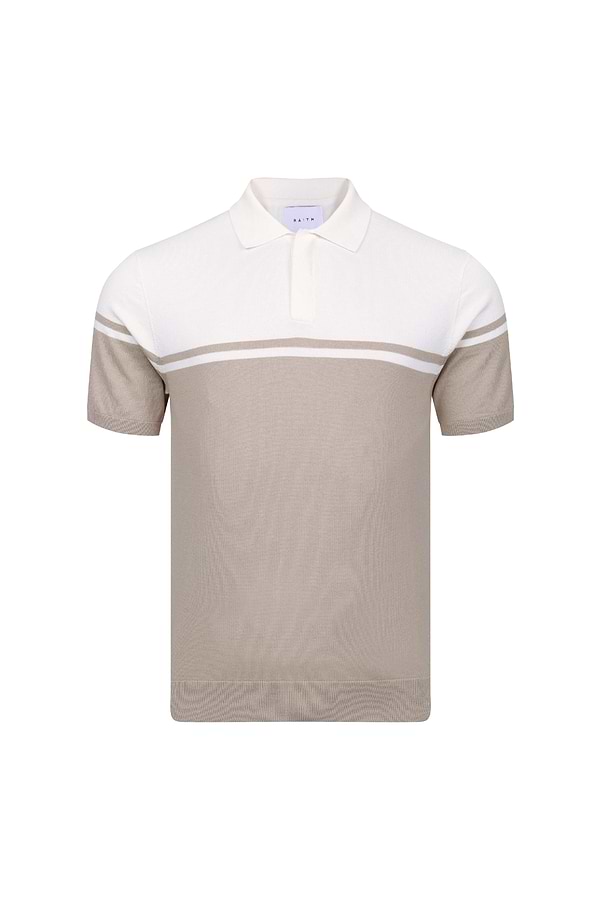 Vicolo Gestricktes Poloshirt mit Streifenblock-Muster SS - Ecru/Sand