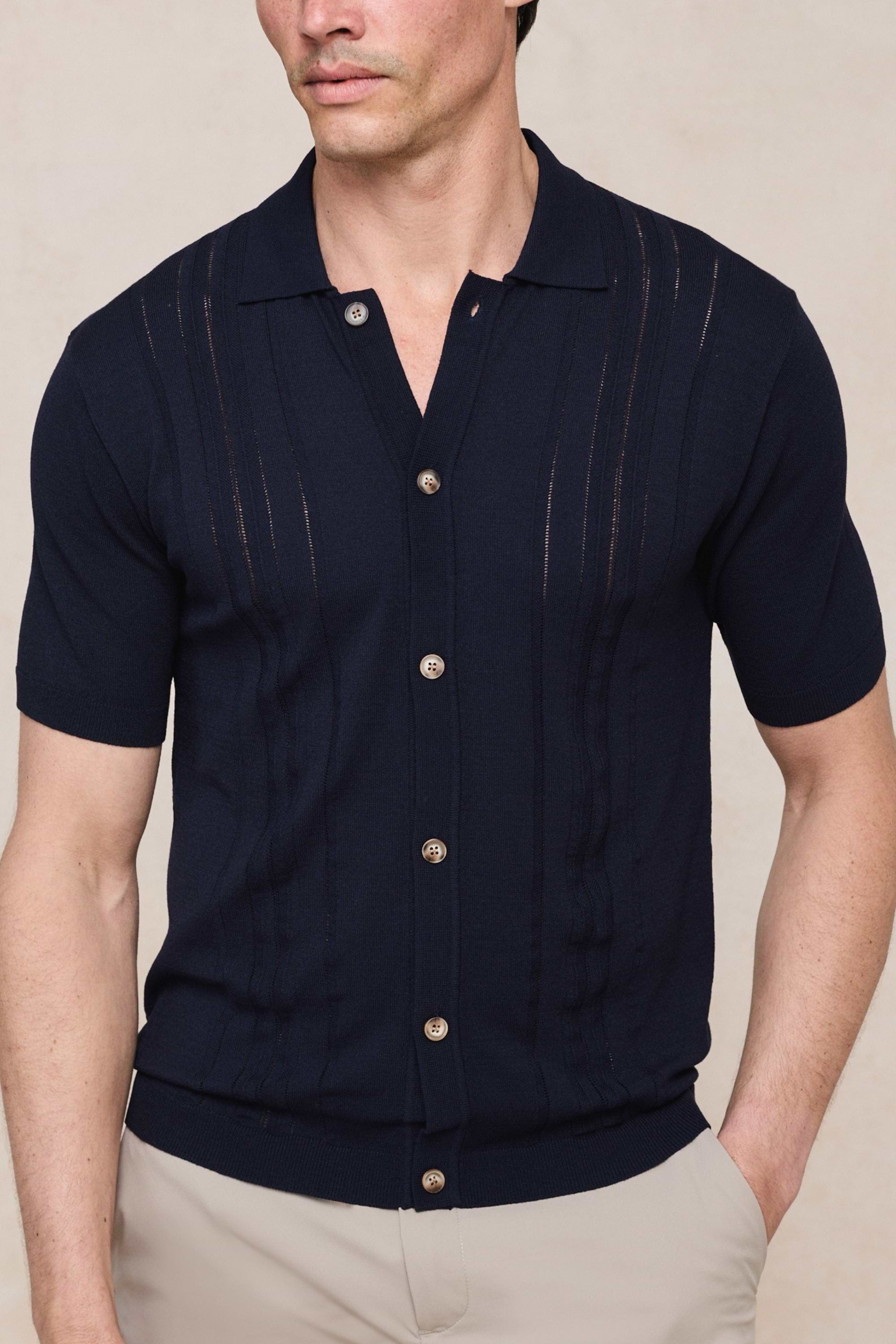 Juan Button Thru Boucle Knit Striped Polo - Navy
