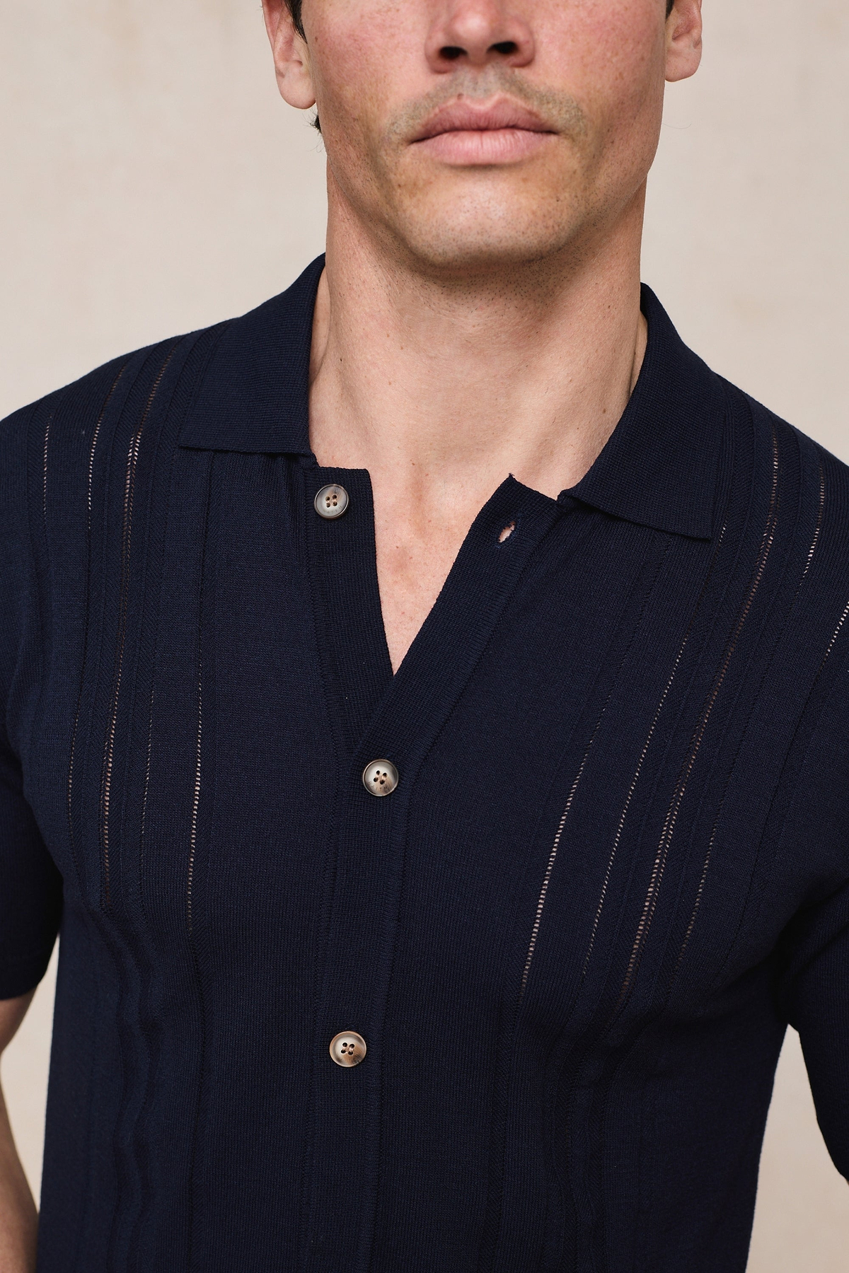 Juan Button Through Boucle Knit Striped Polo - Navy