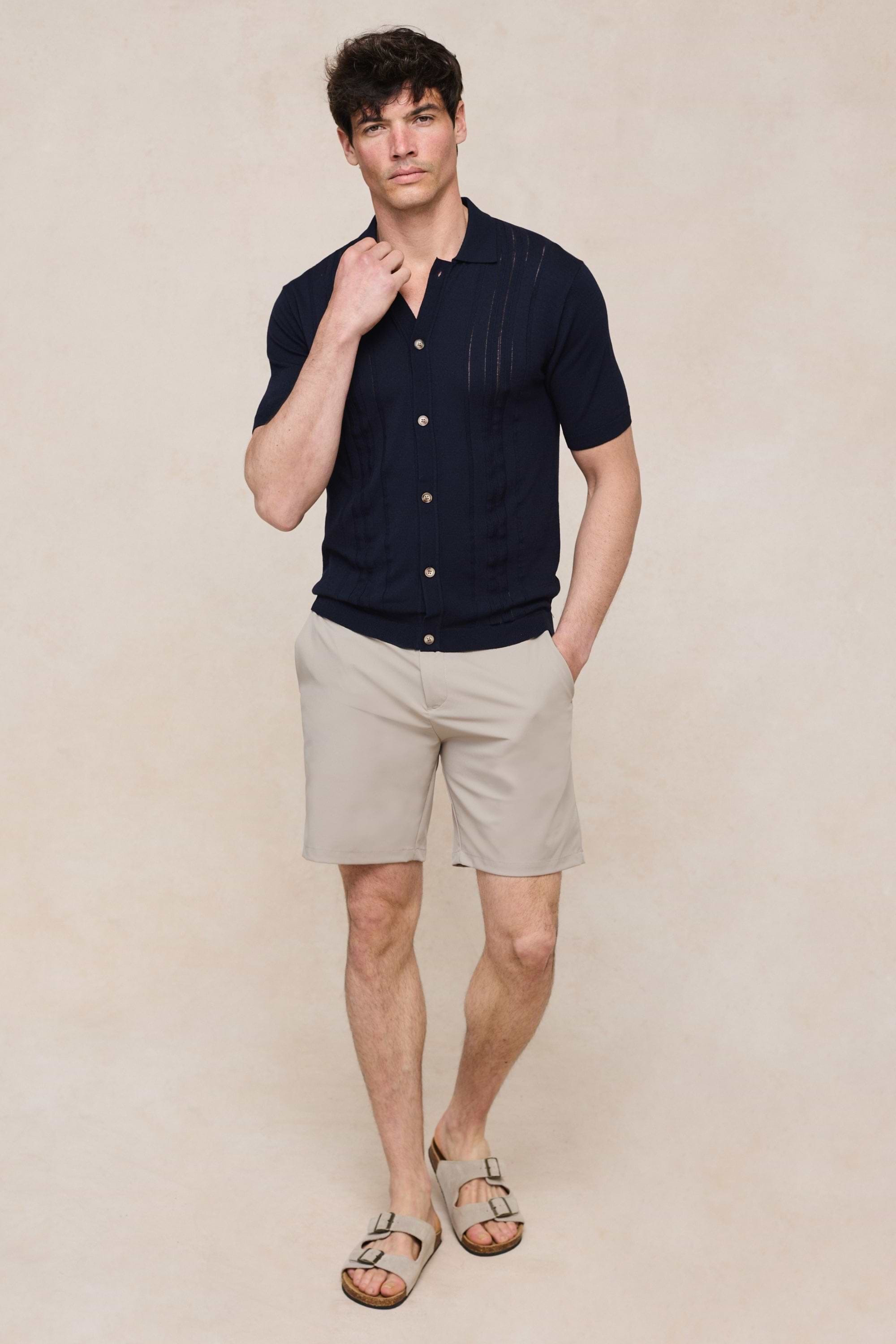 Juan Button Thru Boucle Knit Striped Polo - Navy