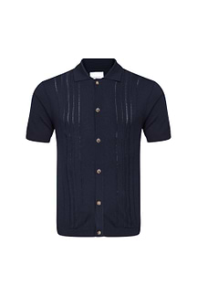 Juan Button Through Boucle Knit Striped Polo - Navy