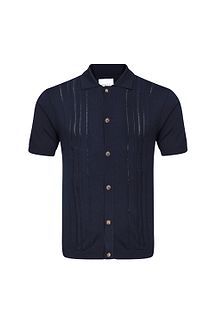 Juan Button Through Boucle Knit Striped Polo - Navy