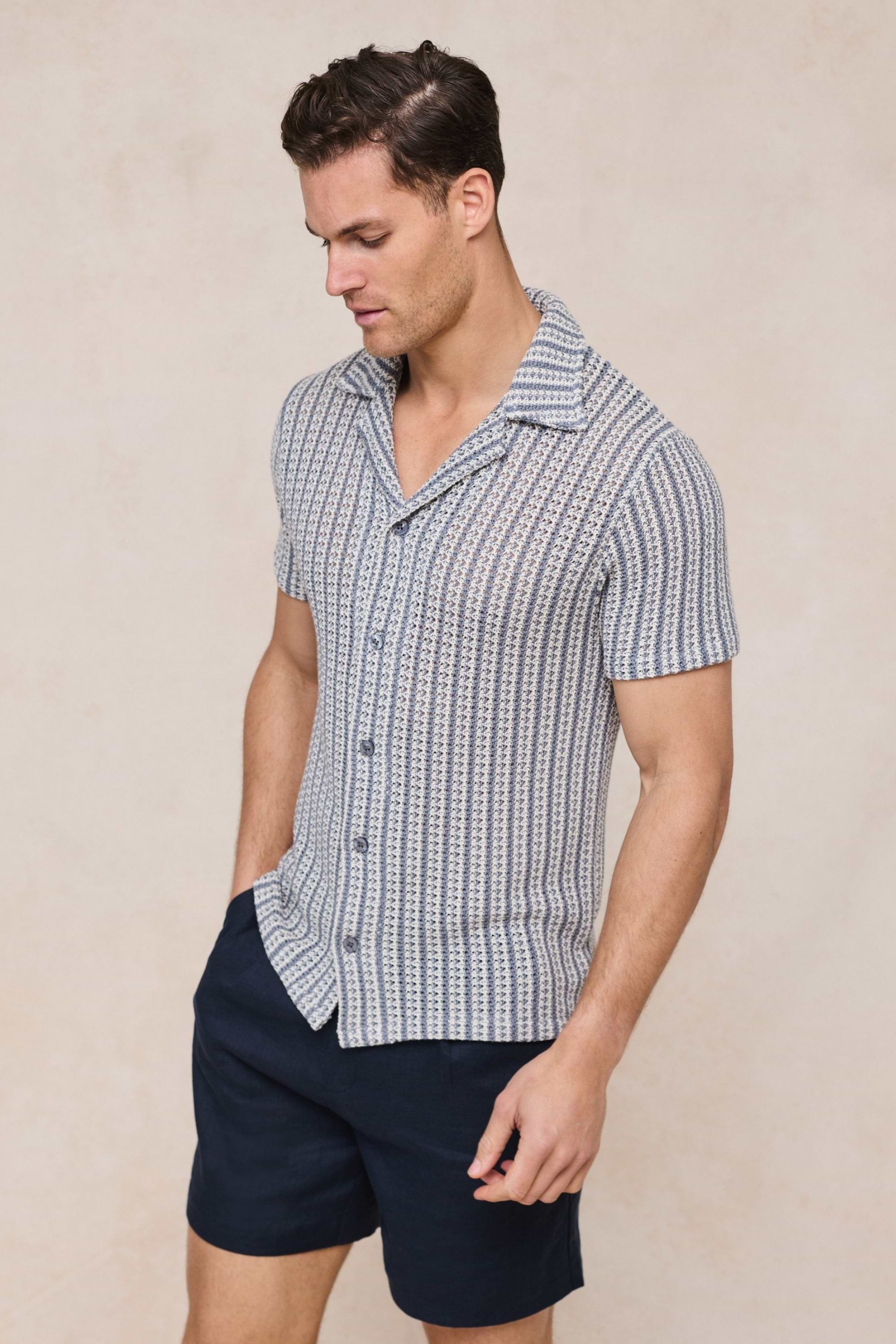 Salvador Knitted Camp Collar Shirt - Pale Blue/Ecru