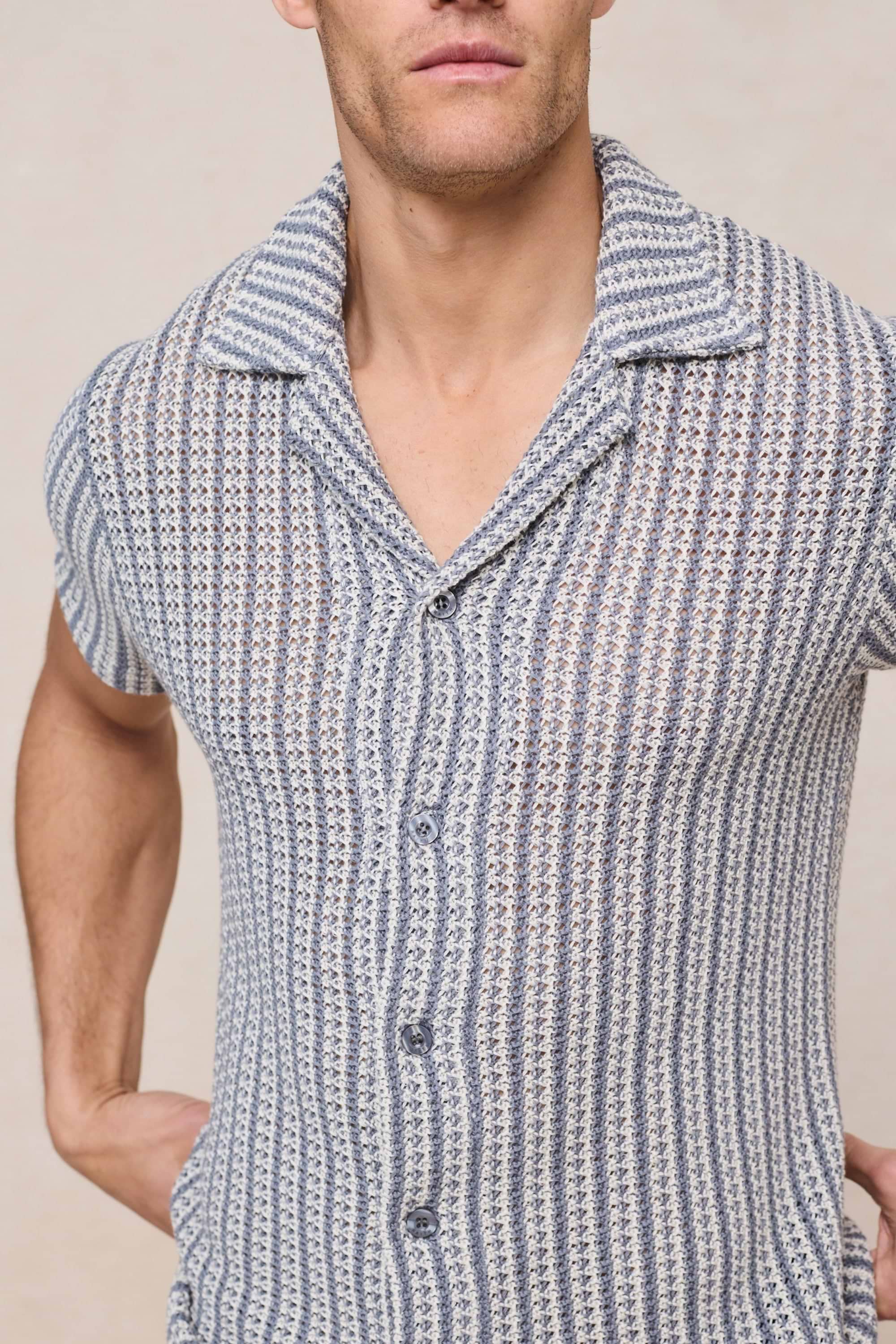Salvador Knitted Camp Collar Shirt - Pale Blue/Ecru