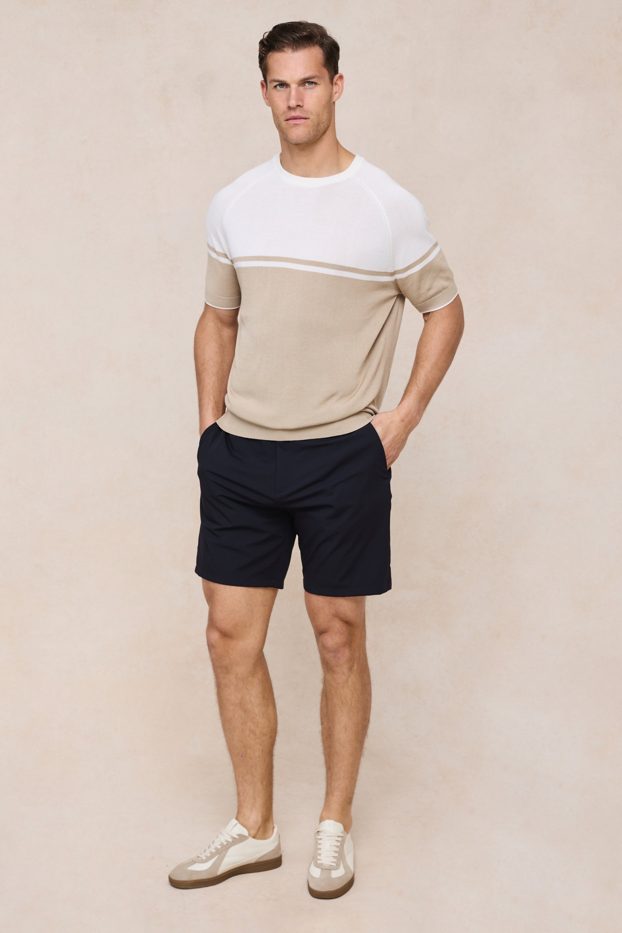 Riera Colour Block Knit Crew Neck T-Shirt - Beige/Ecru