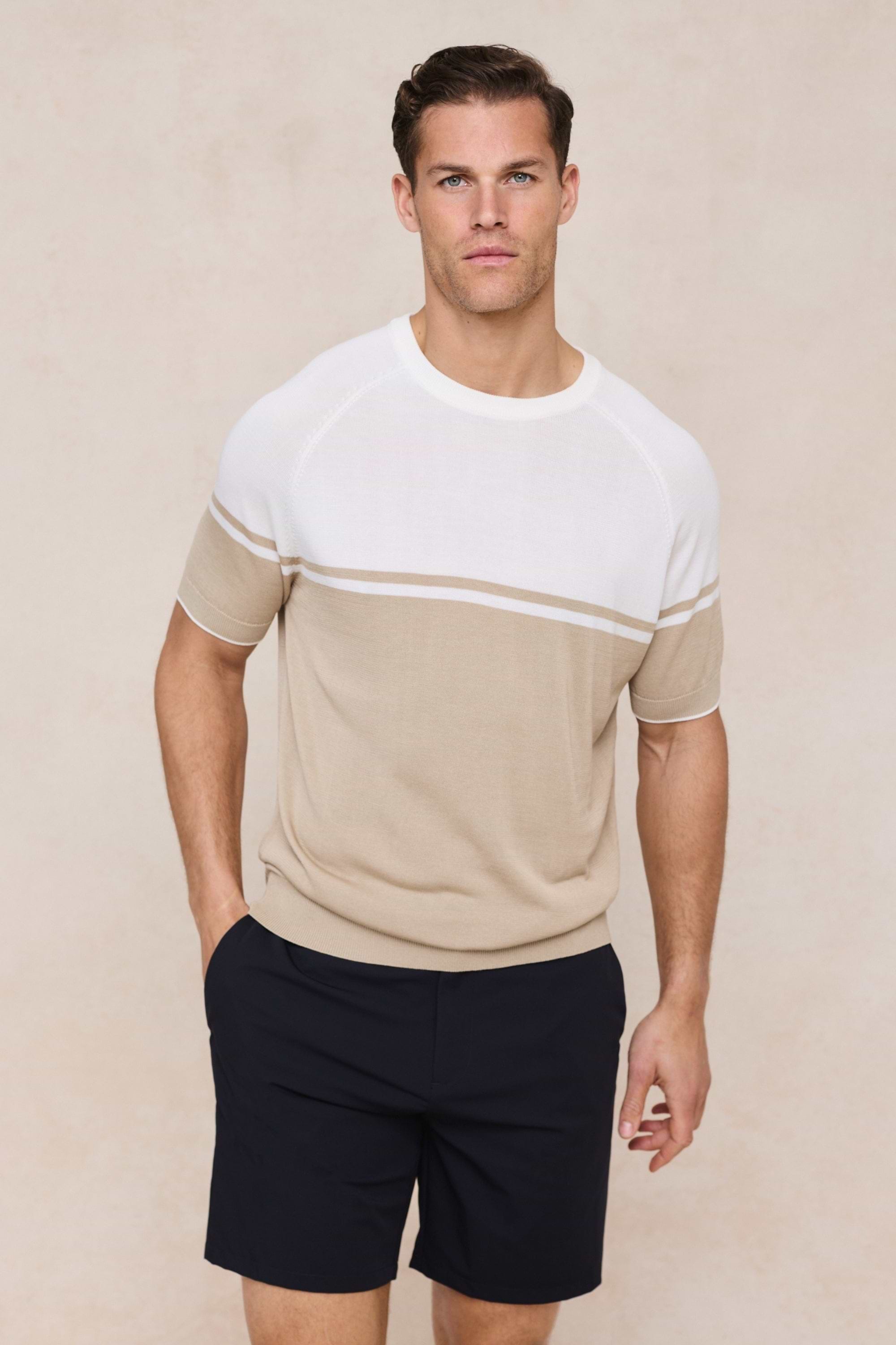 Riera Colour Block Knit Crew Neck T-Shirt - Beige/Ecru