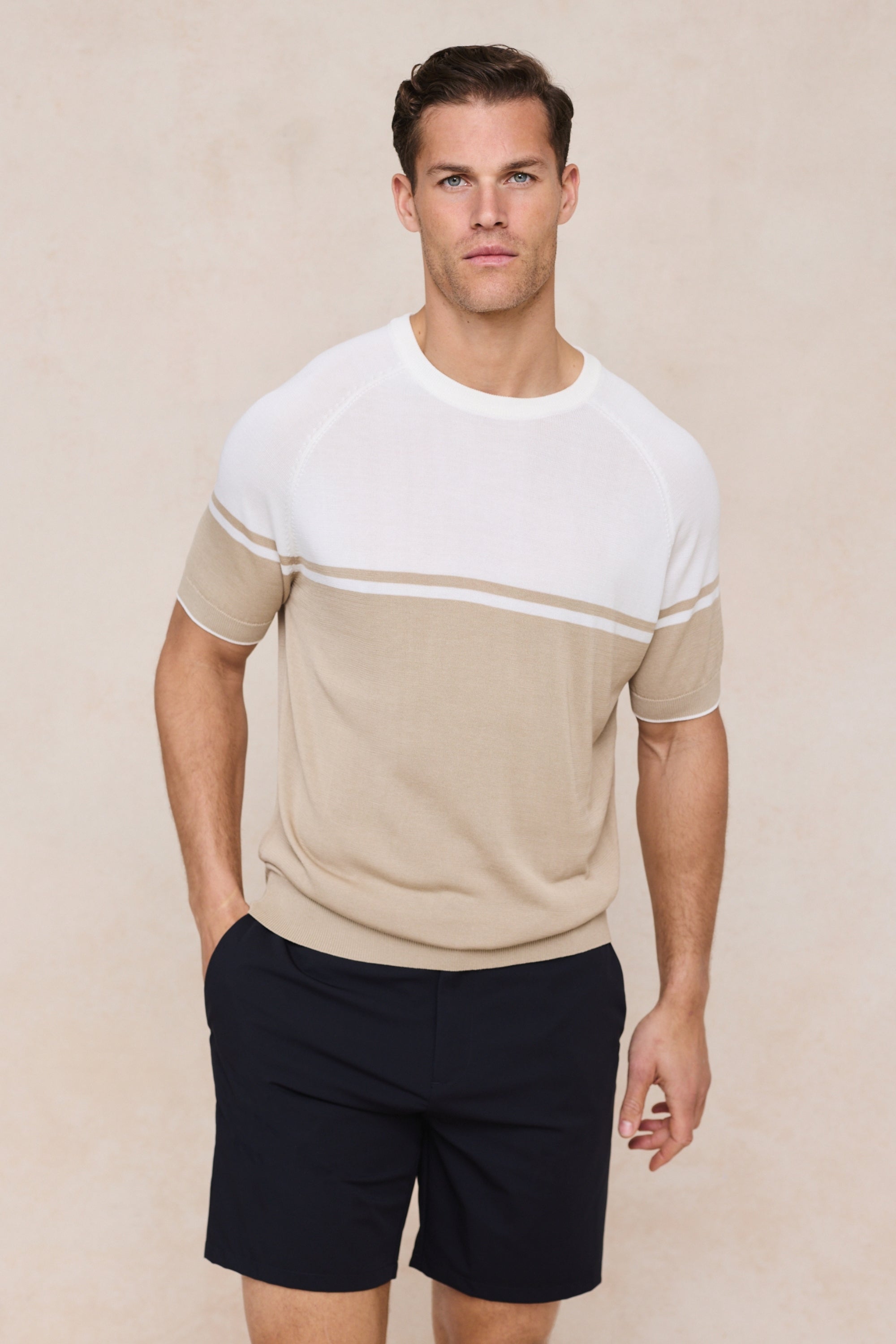Riera Colour Block Knit Crew Neck T-Shirt - Beige/Ecru