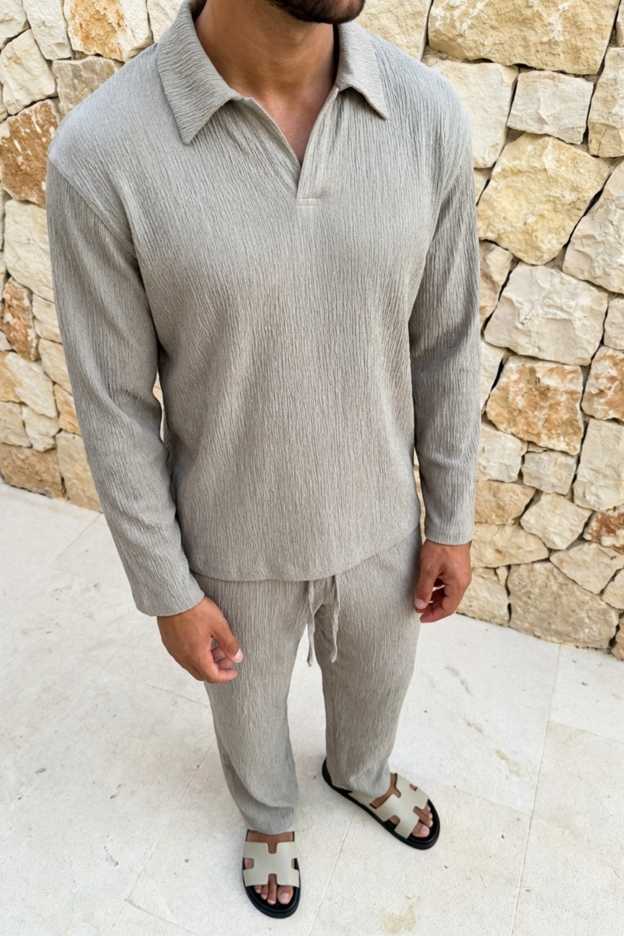 Arty Long Sleeve Open Collar Polo - Mushroom