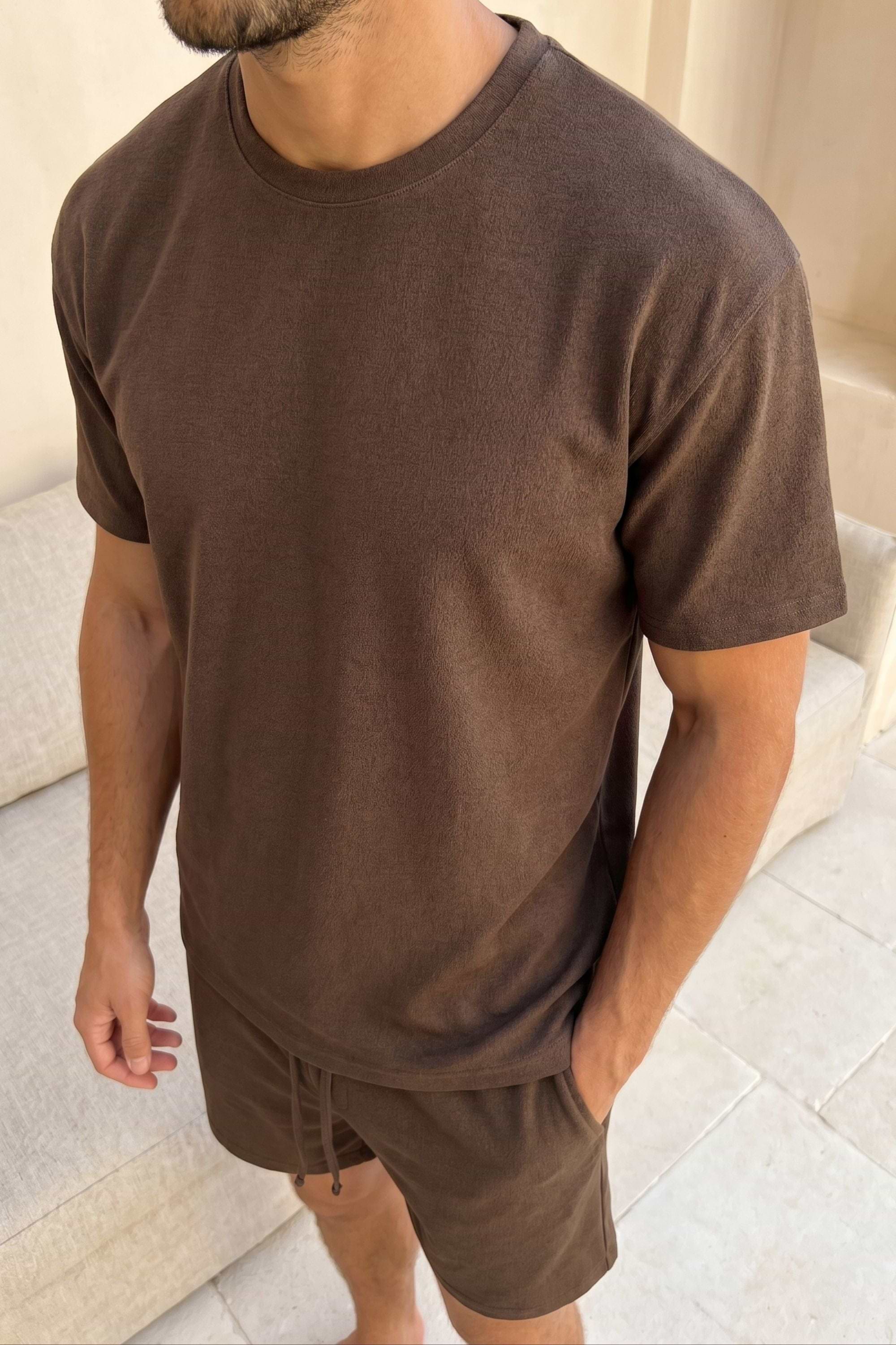 Tomas Crew Neck Textured T-Shirt - Dark Brown