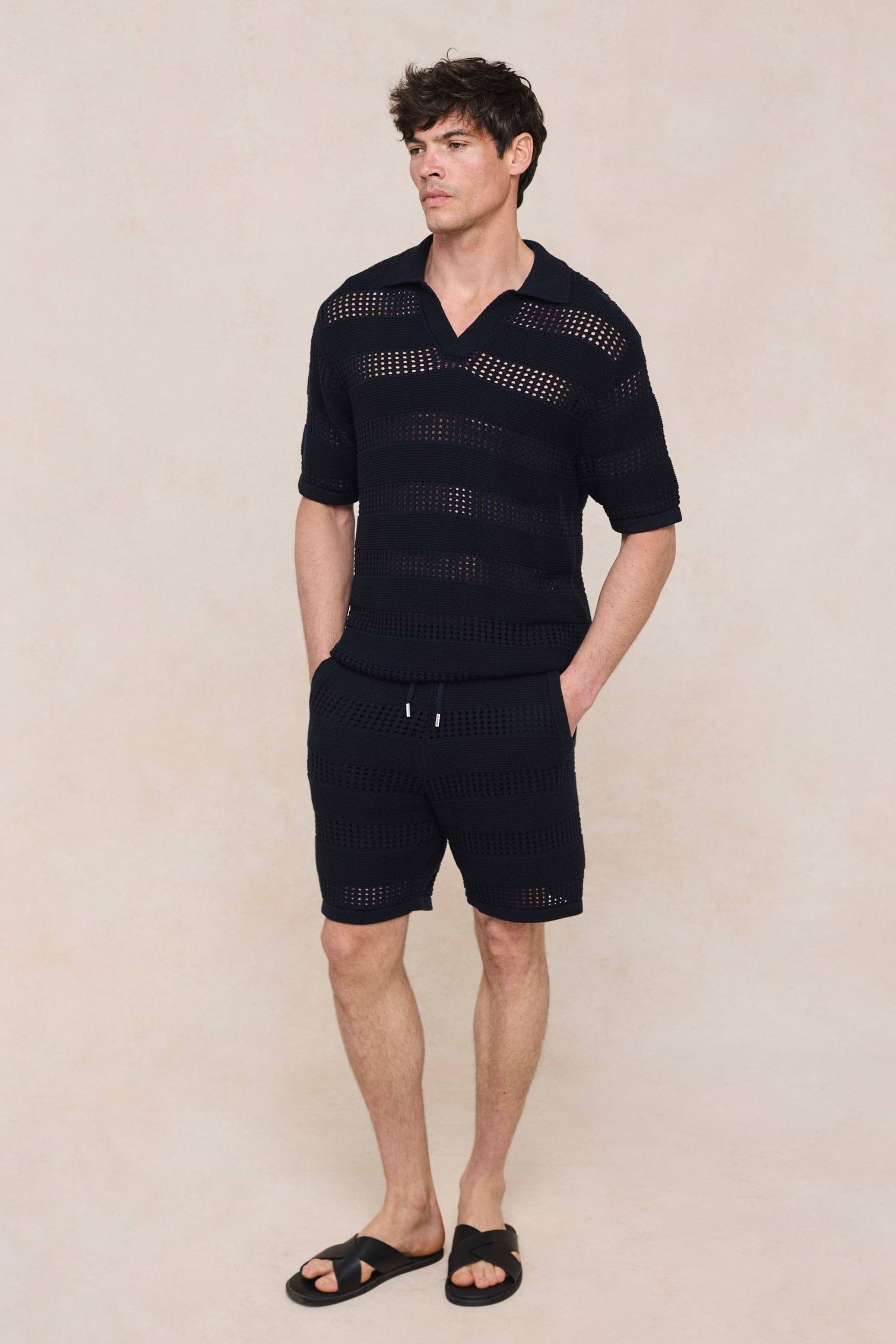 Frattina Crochet Cotton Knit Polo - Navy