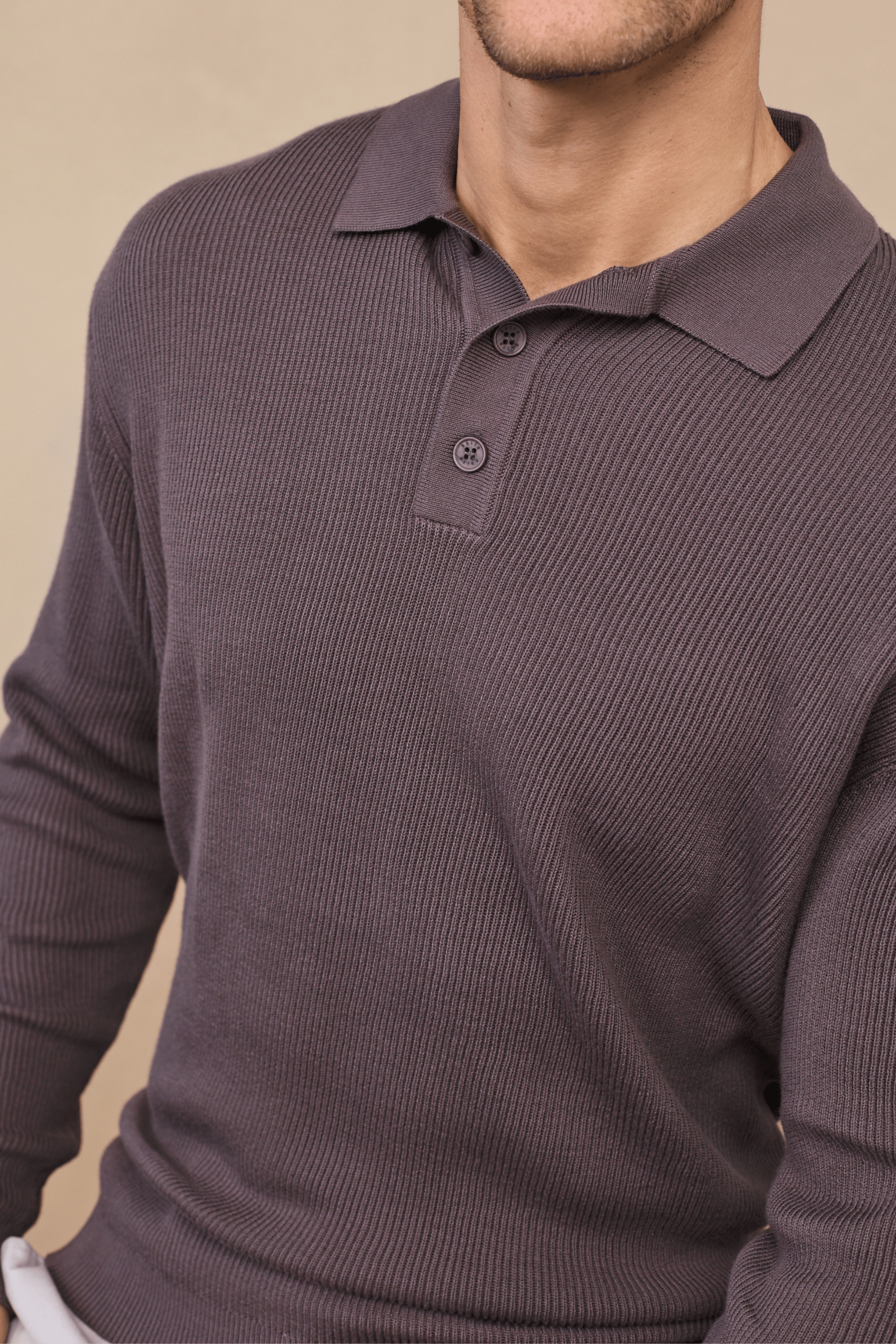 Angus Rib Knit Polo - Mushroom